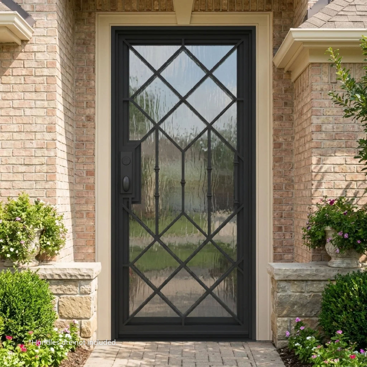 Slim Lux wrought iron single entry door in black with full-view Flemish glass and a geometric diamond grille, installed on a traditional red brick home with stone accents