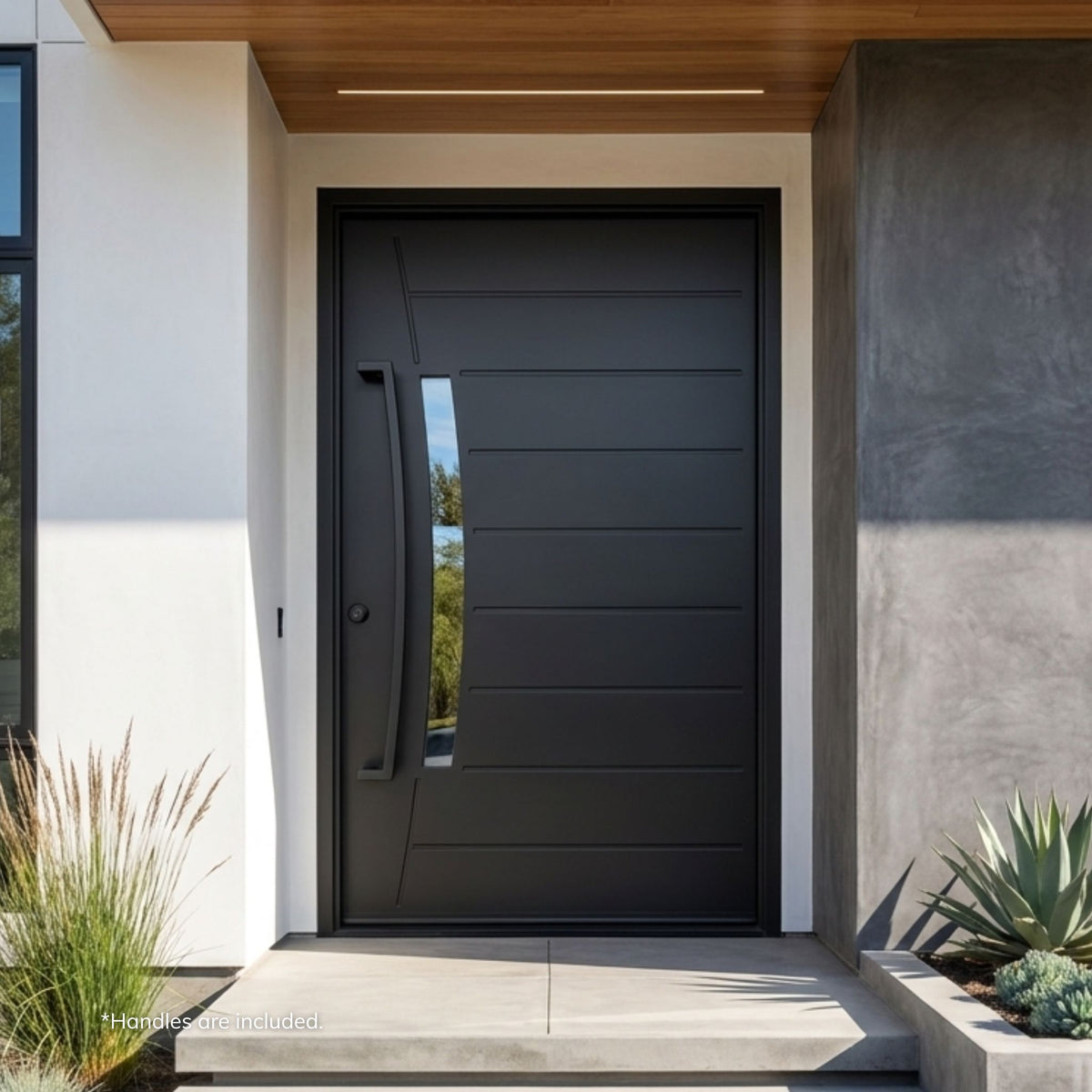 Somerset wrought iron pivot entry door in matte black finish with diagonal line detailing, horizontal line paneling, and a single angled glass lite, set into a white stucco and wood-clad modern home entry.