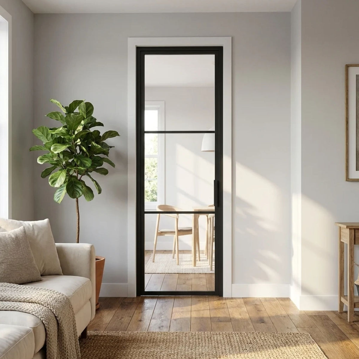 Black steel French 3-lite single interior door with clear glass and a slim profile frame, separating the living room and dining room in a bright modern home with hardwood floors