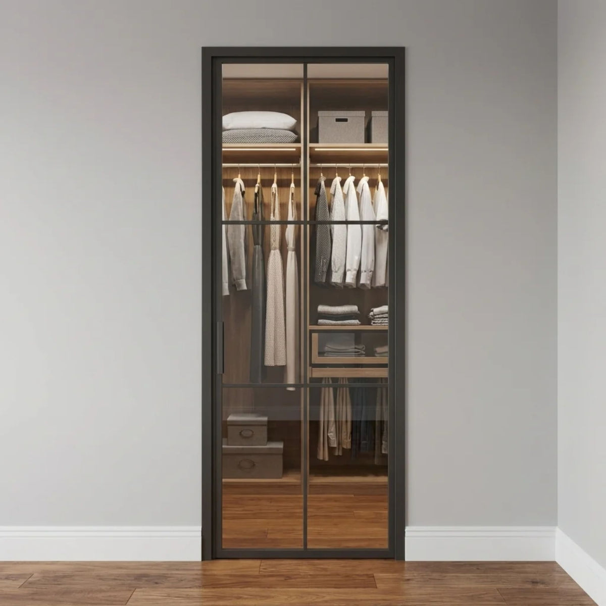 Black steel French 6-lite single interior door with clear glass and slim frame, installed as a walk-in closet door in a modern home with gray walls and hardwood floors