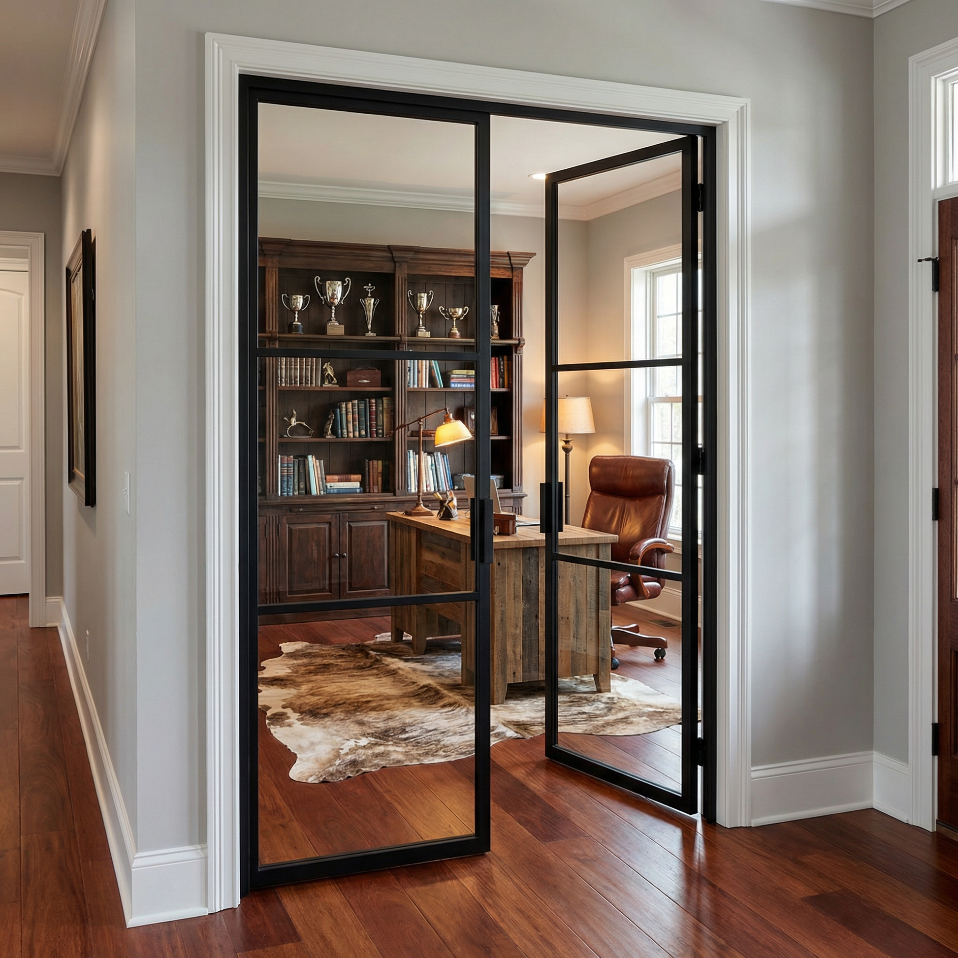 Modern interior design with a glass door leading to a home office.