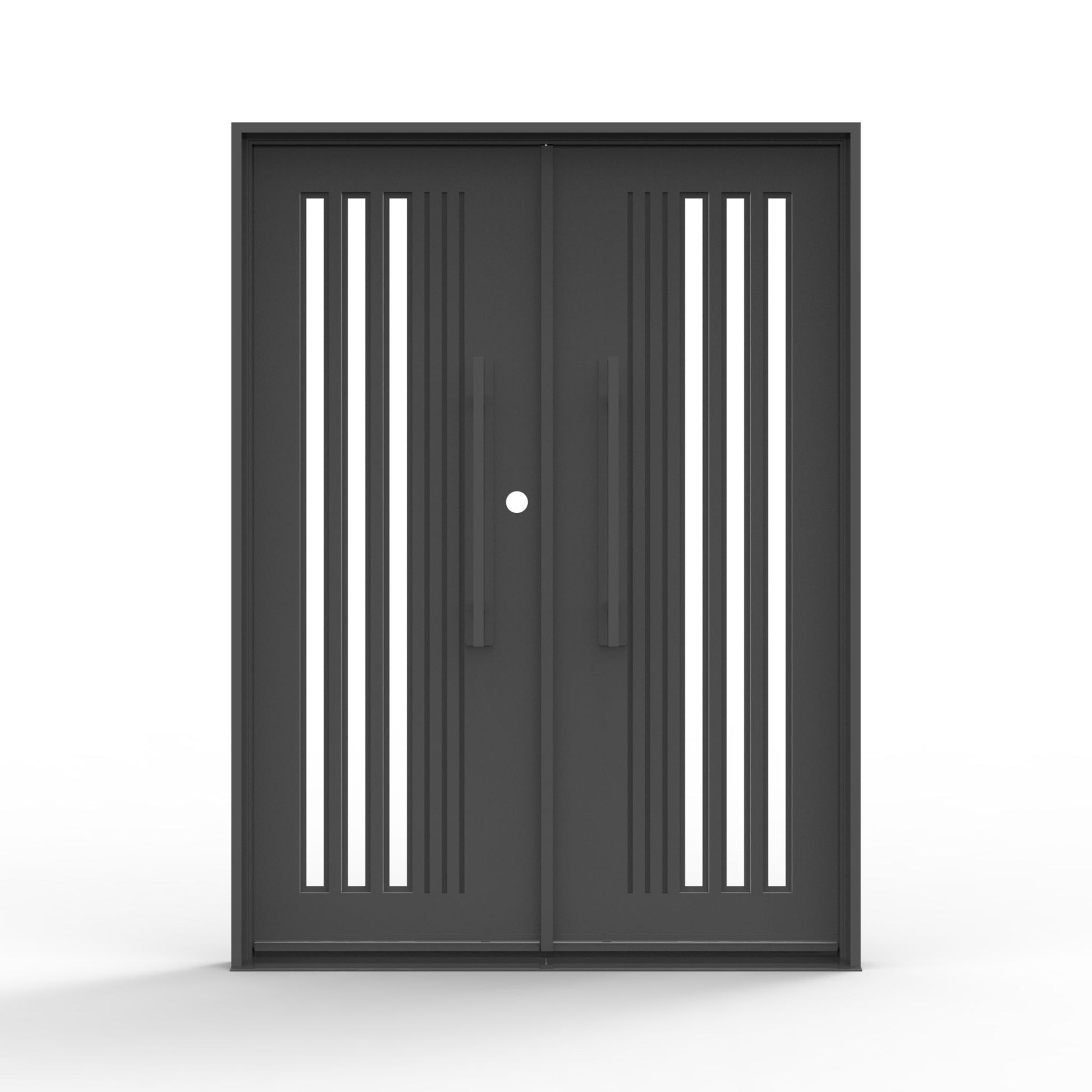Stratmore iron exterior double door, three vertical clear glass lites, textured panels, black