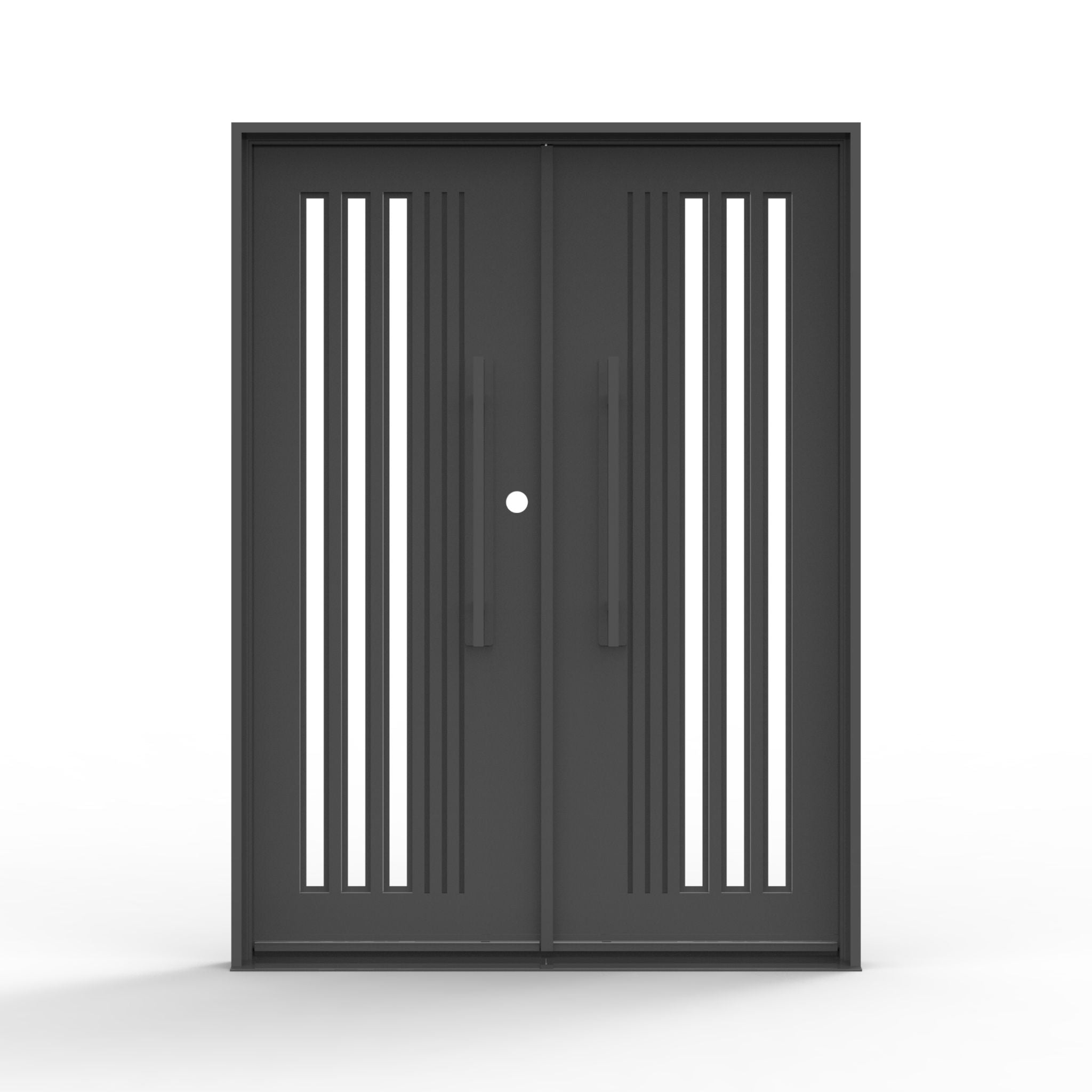 Stratmore iron exterior double door, three vertical clear glass lites, textured panels, black