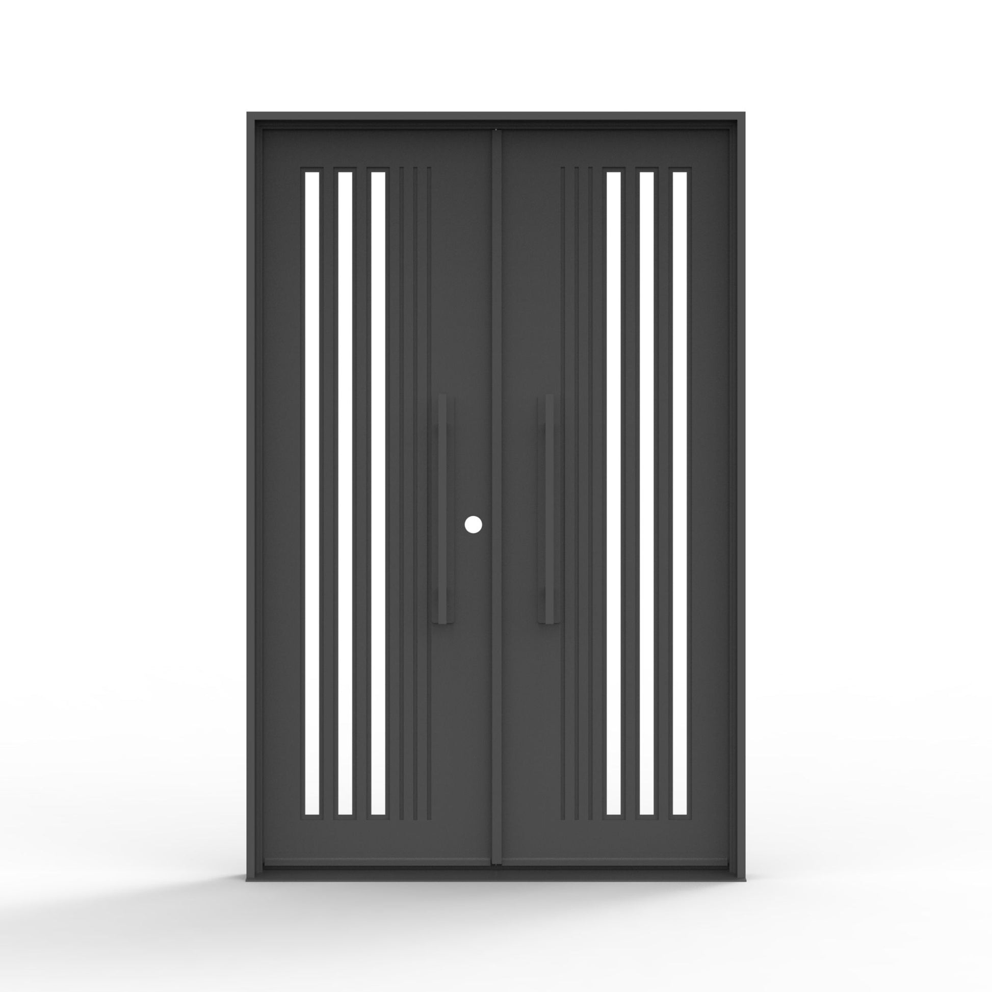 Stratmore modern iron exterior door, clear vertical glass stripe design, black finish