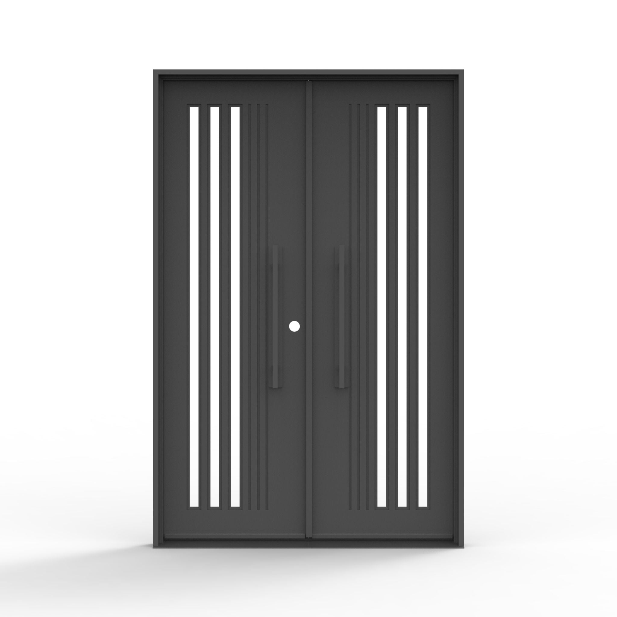 Stratmore modern iron exterior door, clear vertical glass stripe design, black finish