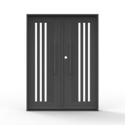 Stratmore modern iron exterior double door with symmetrical vertical glass stripe design