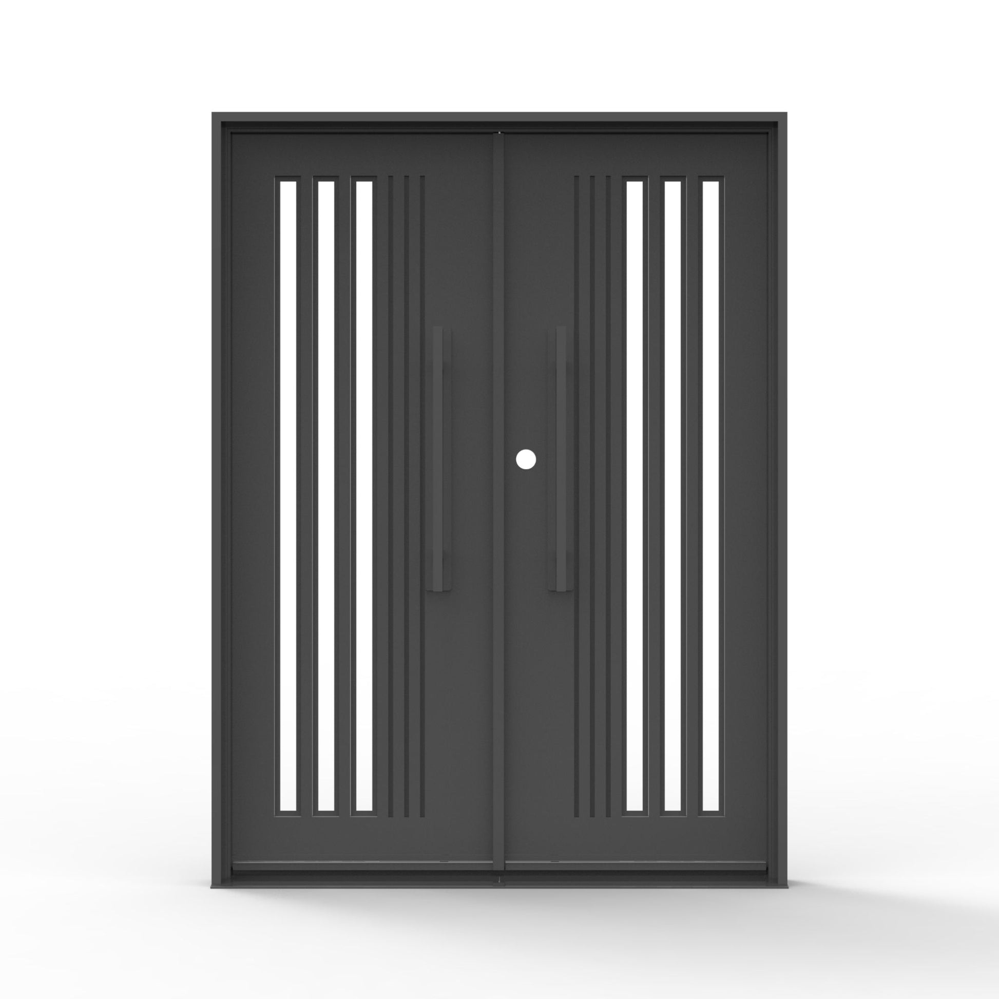 Stratmore modern iron exterior double door with symmetrical vertical glass stripe design