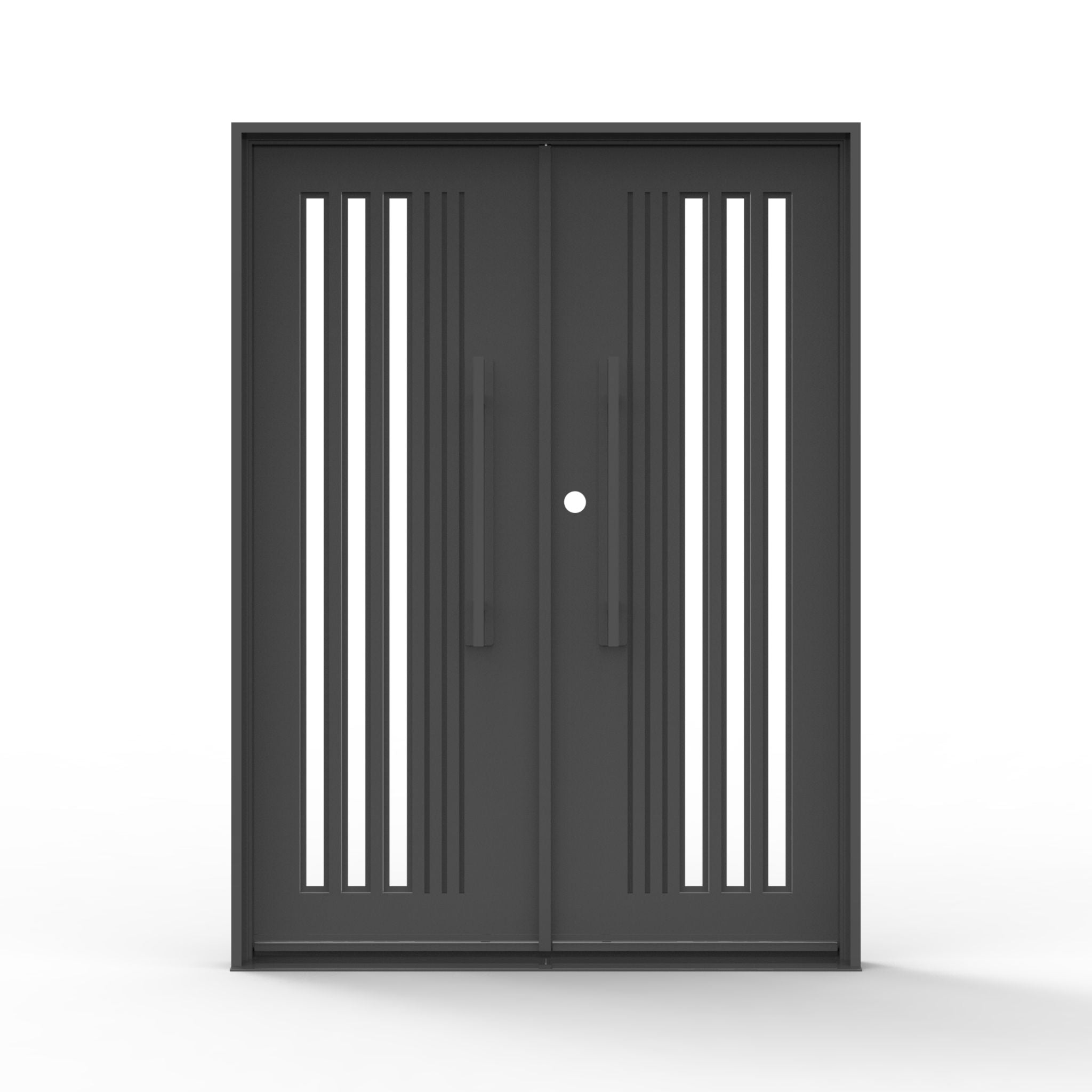 Stratmore modern iron exterior double door with symmetrical vertical glass stripe design
