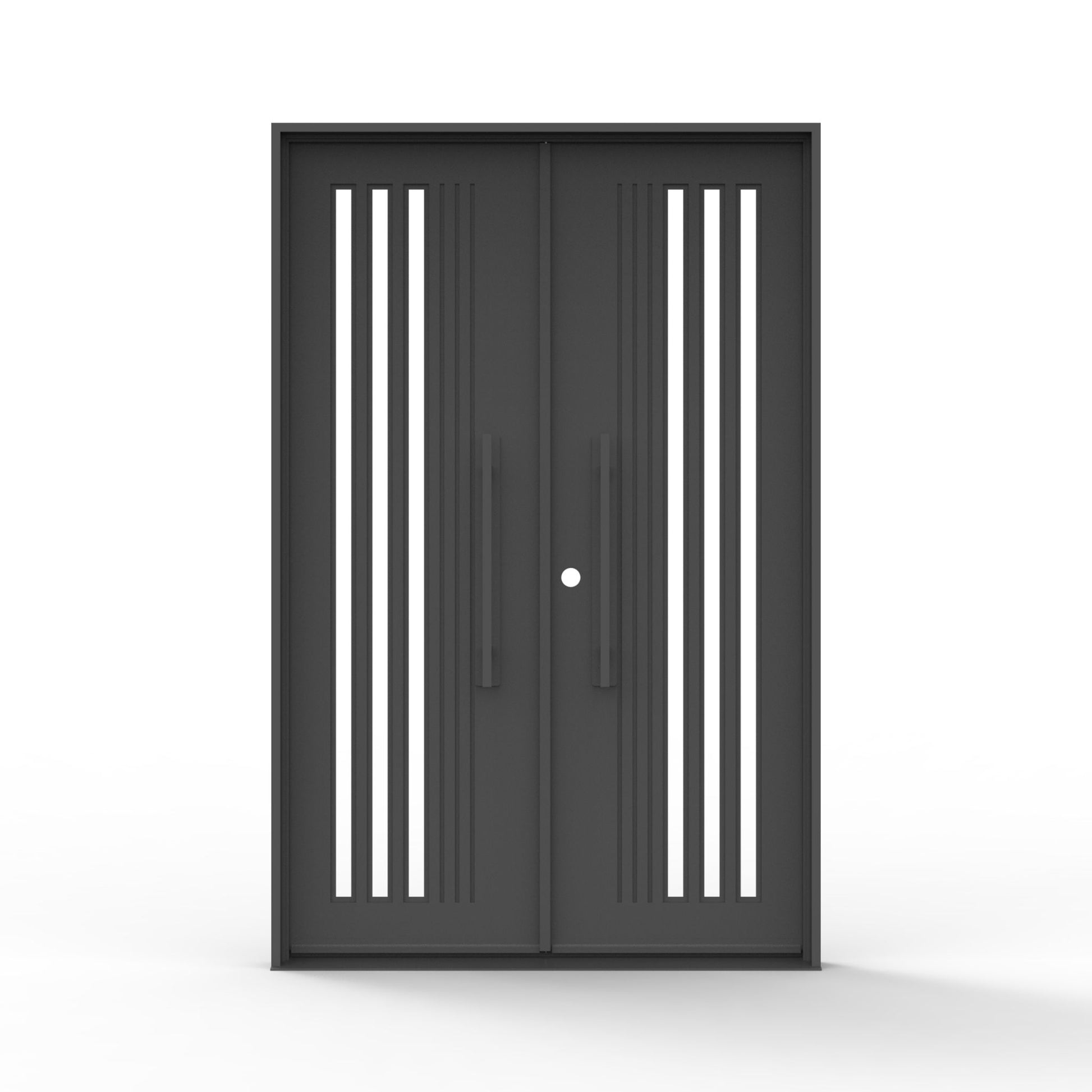 Stratmore iron contemporary exterior door, 3 lite clear glass stripe design, vertical grooves, smooth black finish