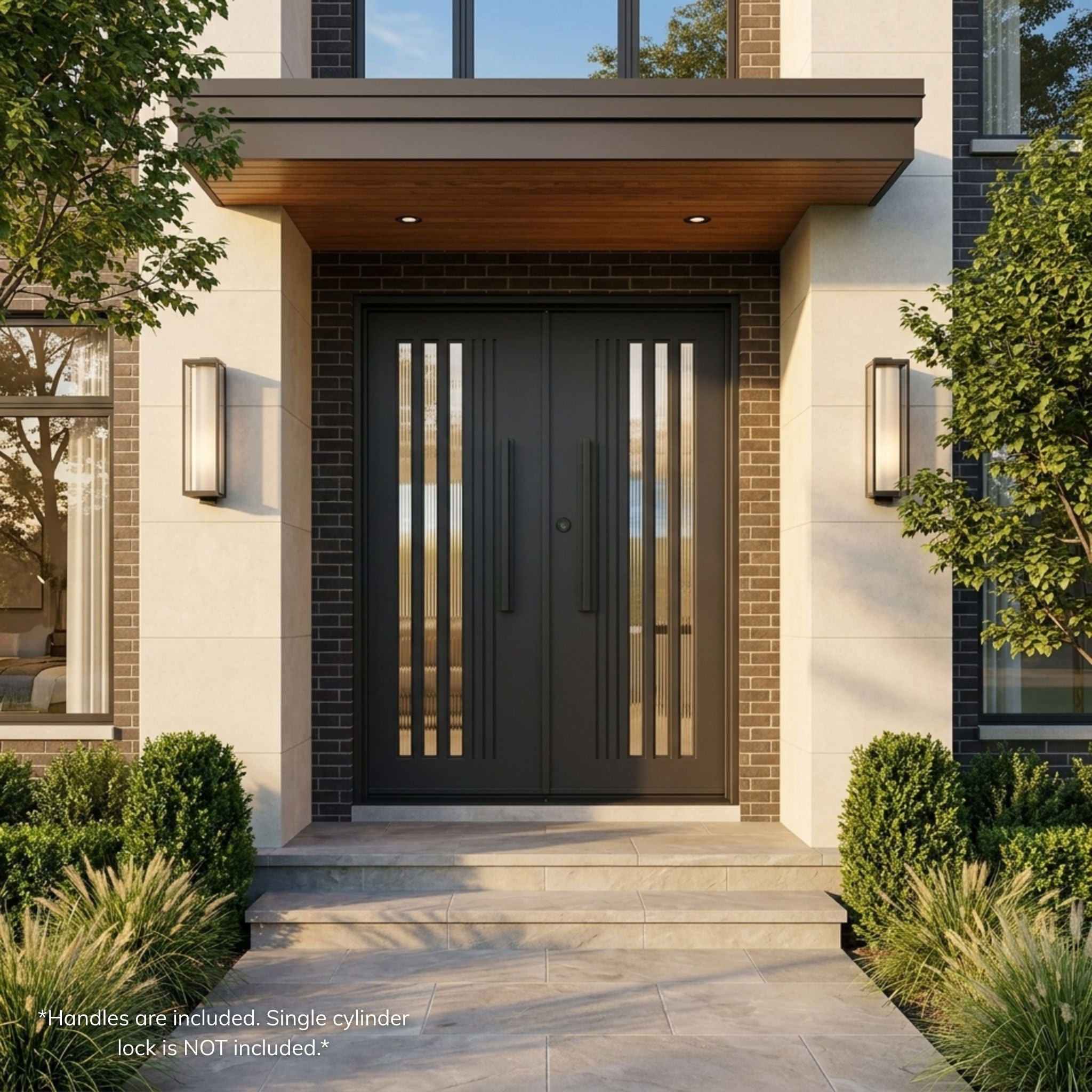 Stratmore wrought iron double entry door, matte black finish with vertical reeded glass strips and modern ladder pull handles, installed on a contemporary stone and brick home exterior