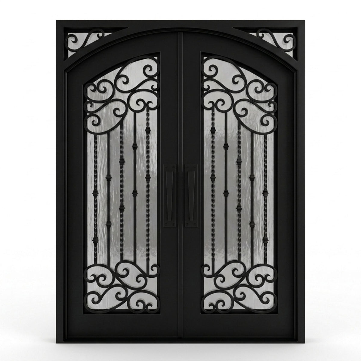 Valencia wrought iron double entry door, 60x80 inches, matte black finish featuring an arched top with ornamental scrollwork spanning the upper and lower panels, twisted iron balusters, flemish textured privacy glass, and matching pull handles on each leaf, left-hand inswing (LHI) configuration.