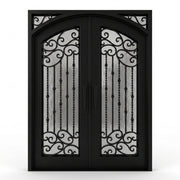 Valencia wrought iron double entry door, 60x80 inches, matte black finish featuring an arched top with ornamental scrollwork spanning the upper and lower panels, twisted iron balusters, flemish textured privacy glass, and matching pull handles on each leaf, right-hand inswing (RHI) configuration.