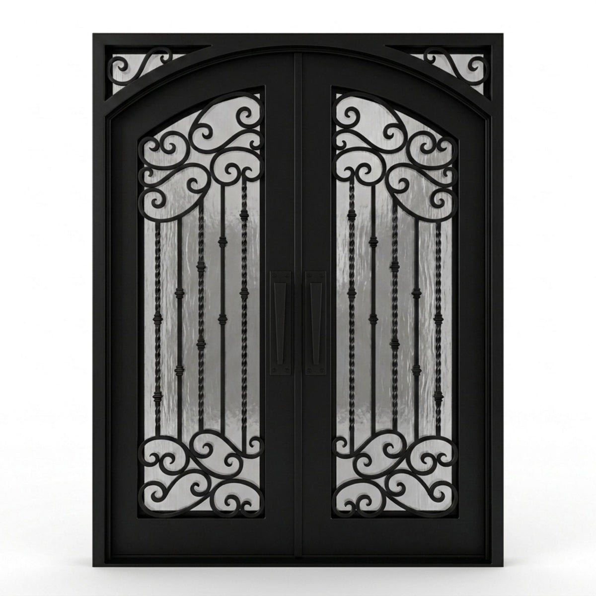Valencia wrought iron double entry door, 60x80 inches, matte black finish featuring an arched top with ornamental scrollwork spanning the upper and lower panels, twisted iron balusters, flemish textured privacy glass, and matching pull handles on each leaf, right-hand inswing (RHI) configuration.