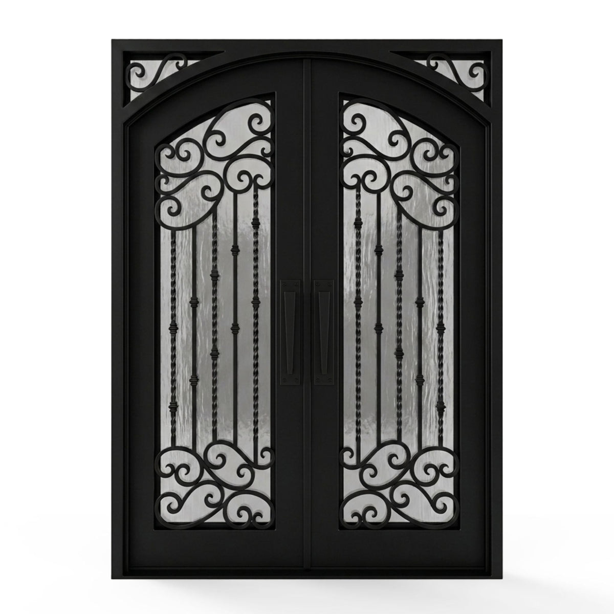 Valencia wrought iron double entry door, 60x92 inches, matte black finish featuring an arched top with ornamental scrollwork spanning the upper and lower panels, twisted iron balusters, flemish textured privacy glass, and matching pull handles on each leaf, left-hand inswing (LHI) configuration.