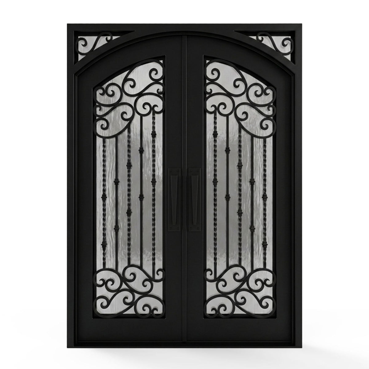 Valencia wrought iron double entry door, 60x92 inches, matte black finish featuring an arched top with ornamental scrollwork spanning the upper and lower panels, twisted iron balusters, flemish textured privacy glass, and matching pull handles on each leaf, right-hand inswing (RHI) configuration.