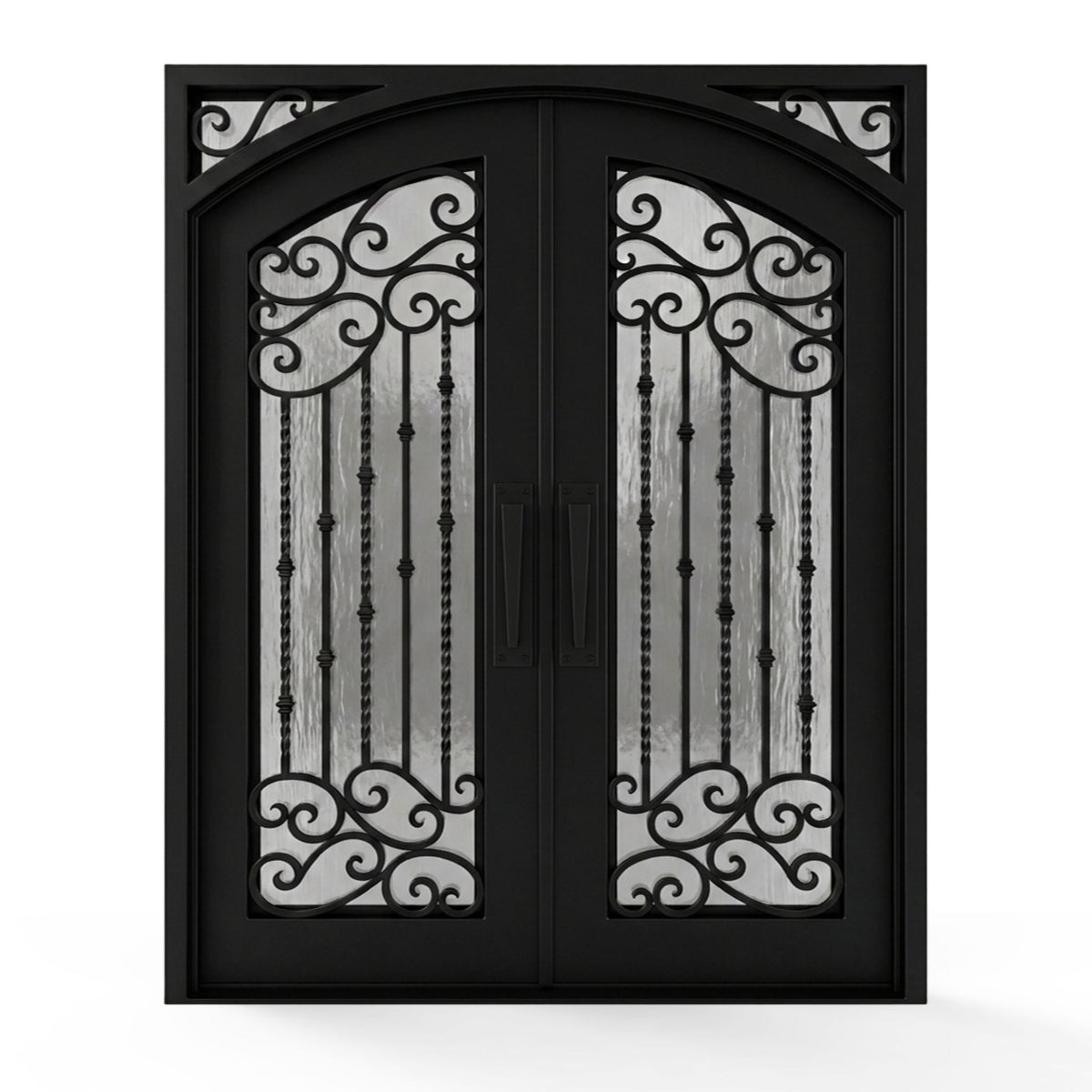 Valencia wrought iron double entry door, 72x96 inches, matte black finish featuring an arched top with ornamental scrollwork spanning the upper and lower panels, twisted iron balusters, flemish textured privacy glass, and matching pull handles on each leaf, left-hand inswing (LHI) configuration.