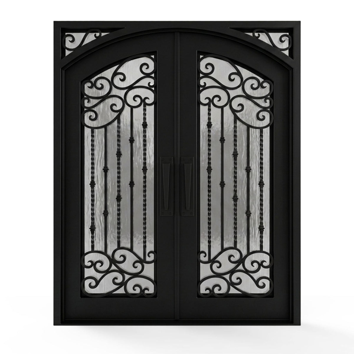 Valencia wrought iron double entry door, 72x96 inches, matte black finish featuring an arched top with ornamental scrollwork spanning the upper and lower panels, twisted iron balusters, flemish textured privacy glass, and matching pull handles on each leaf, right-hand inswing (RHI) configuration.