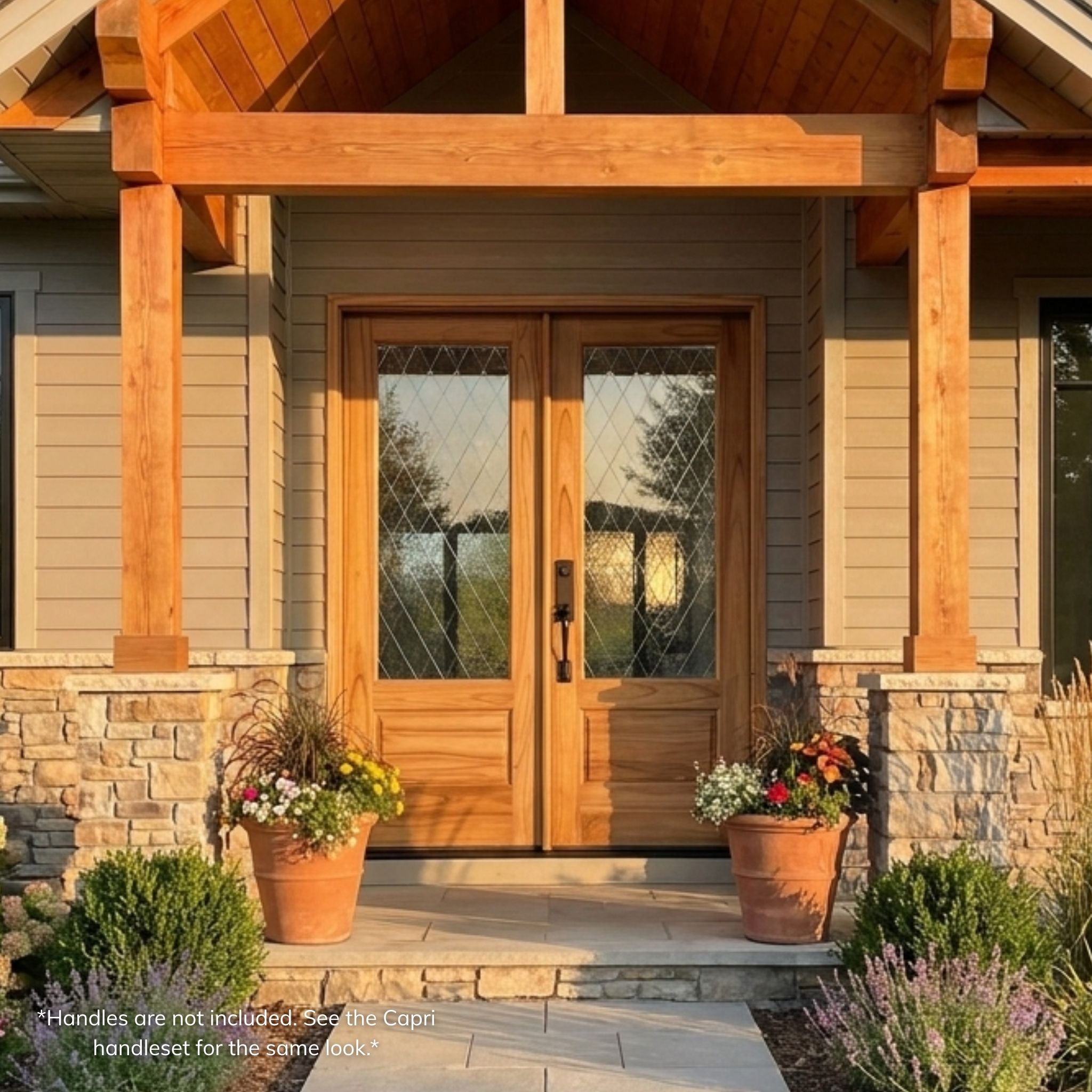 Weathercraft torrefied mahogany double entry door, wood grain finish with diamond-pattern lattice glass, installed on a craftsman-style stone home exterior