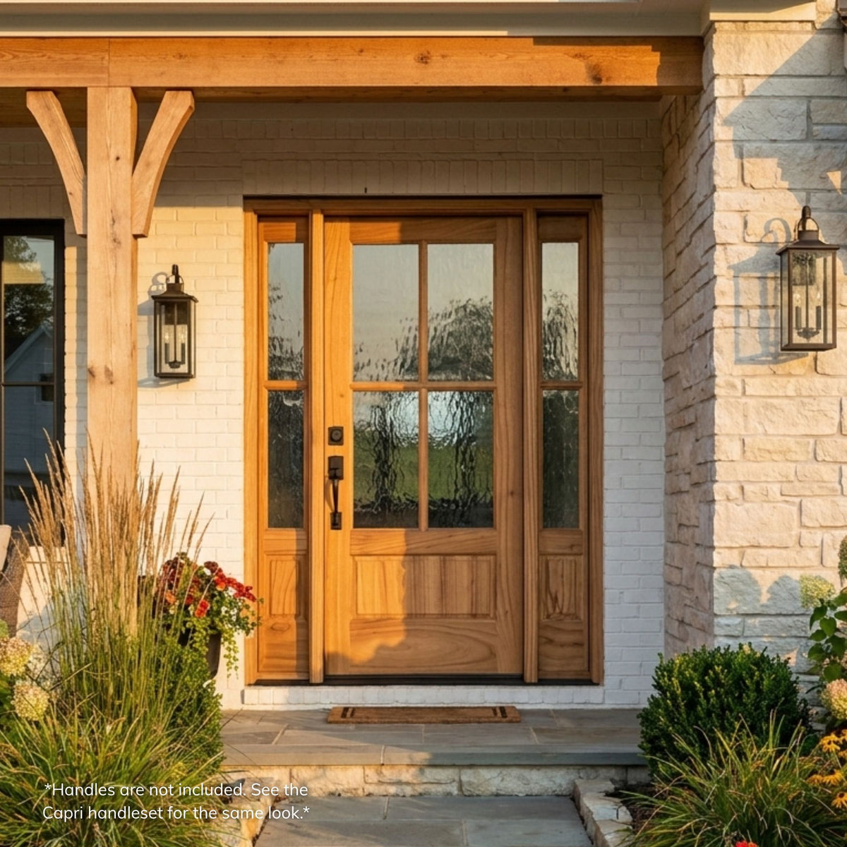 Weathercraft torrefied mahogany single entry door in a natural wood finish with 4-lite flemish textured glass and matching sidelites, installed on a covered porch with wood beam accents.
