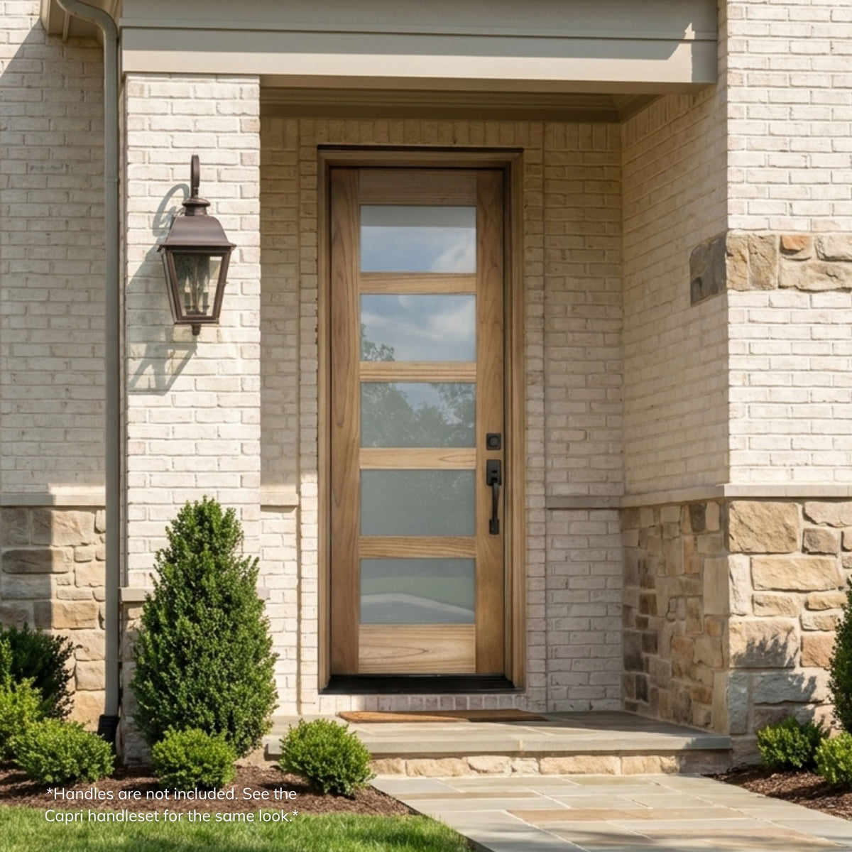 Weathercraft torrefied mahogany single entry door in a natural wood finish, featuring a 5-lite horizontal frosted glass, installed on a stone-clad home with a wall lantern.