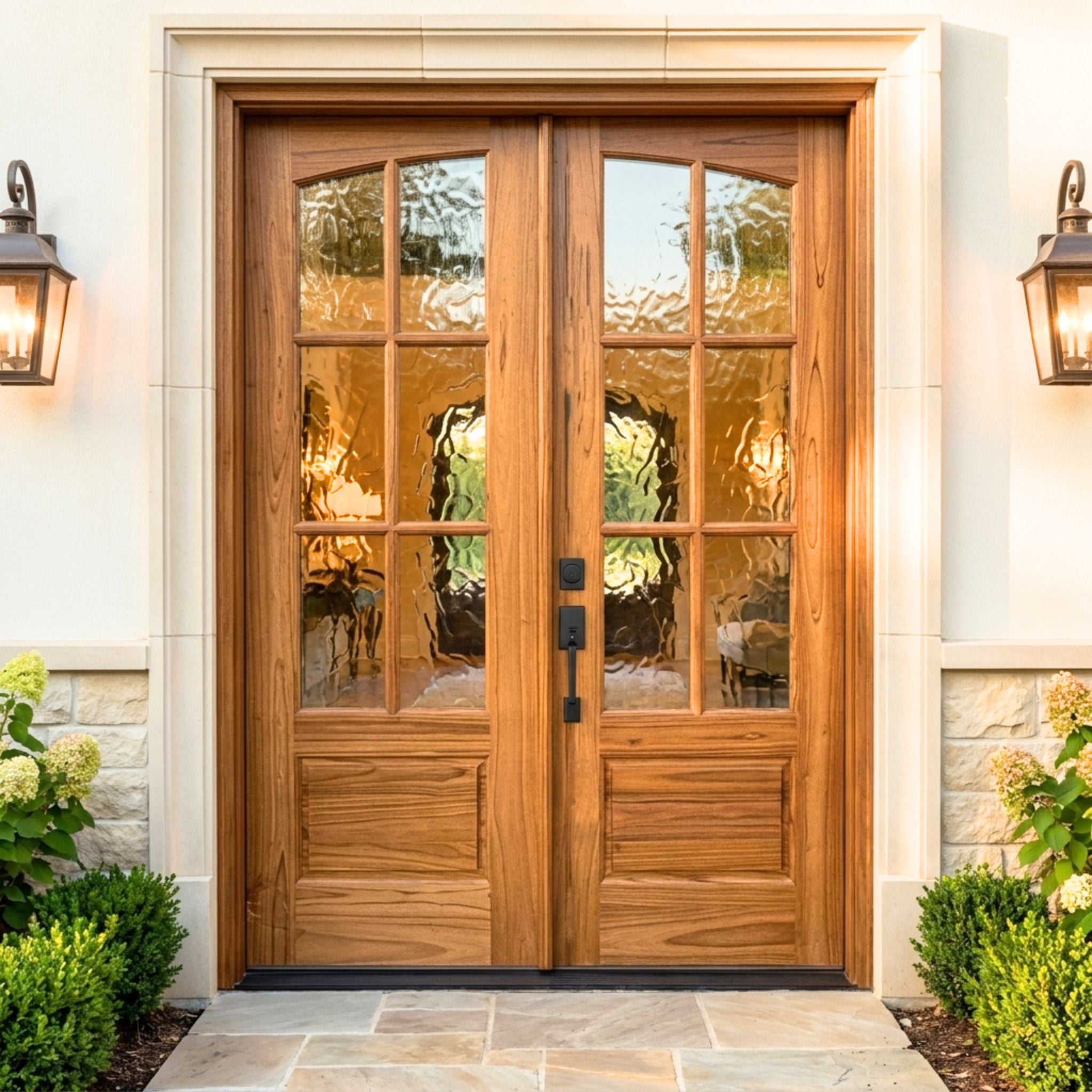 Weathercraft torrefied mahogany double entry door, 6-lite arch glass design with Flemish textured glass, wood grain finish, installed on a stone home exterior with lantern sconces