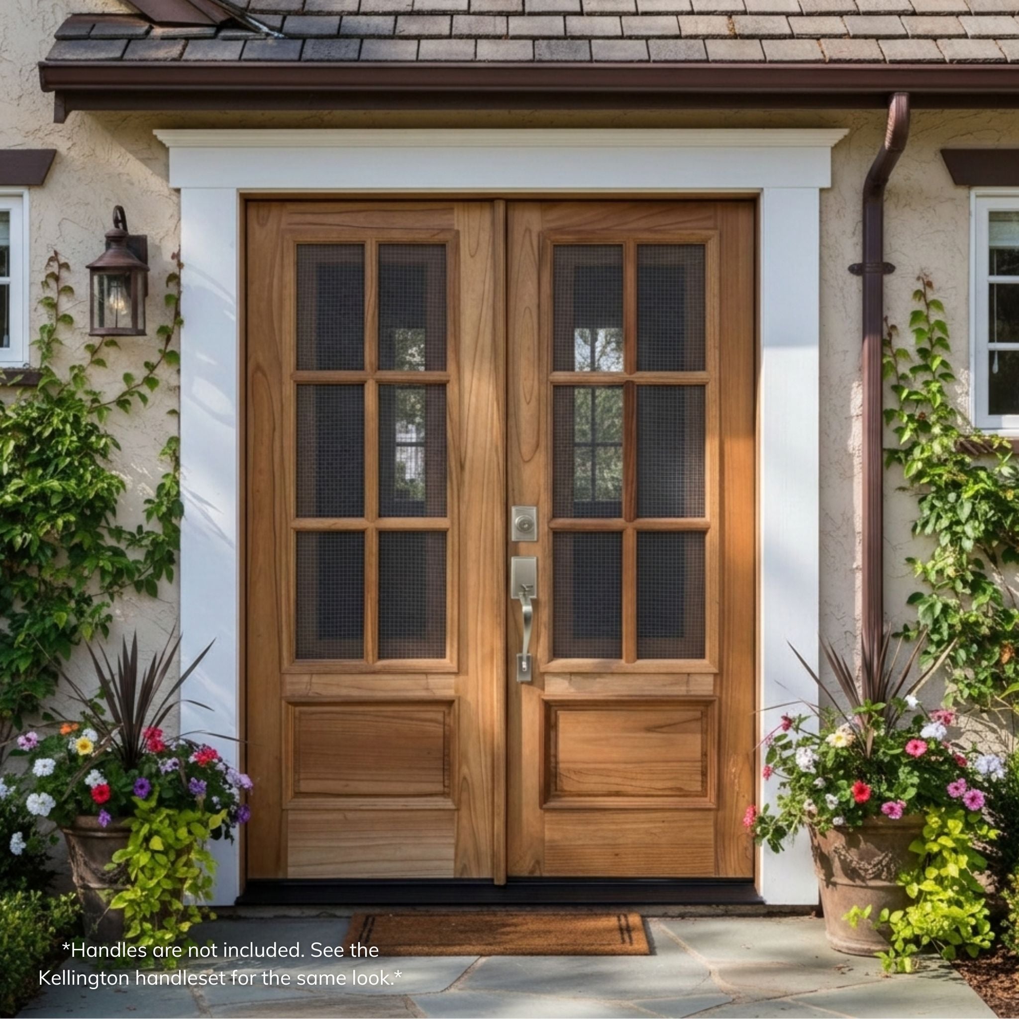 Weathercraft torrefied mahogany St. Simmons double entry door, 6-lite wood grain finish with operable clear glass, mesh screen, installed on a stucco home exterior