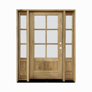 Weathercraft torrefied mahogany 6 lite single entry door with clear glass, two matching 3 lite sidelites, natural wood grain, raised lower panel and left-hand inswing configuration