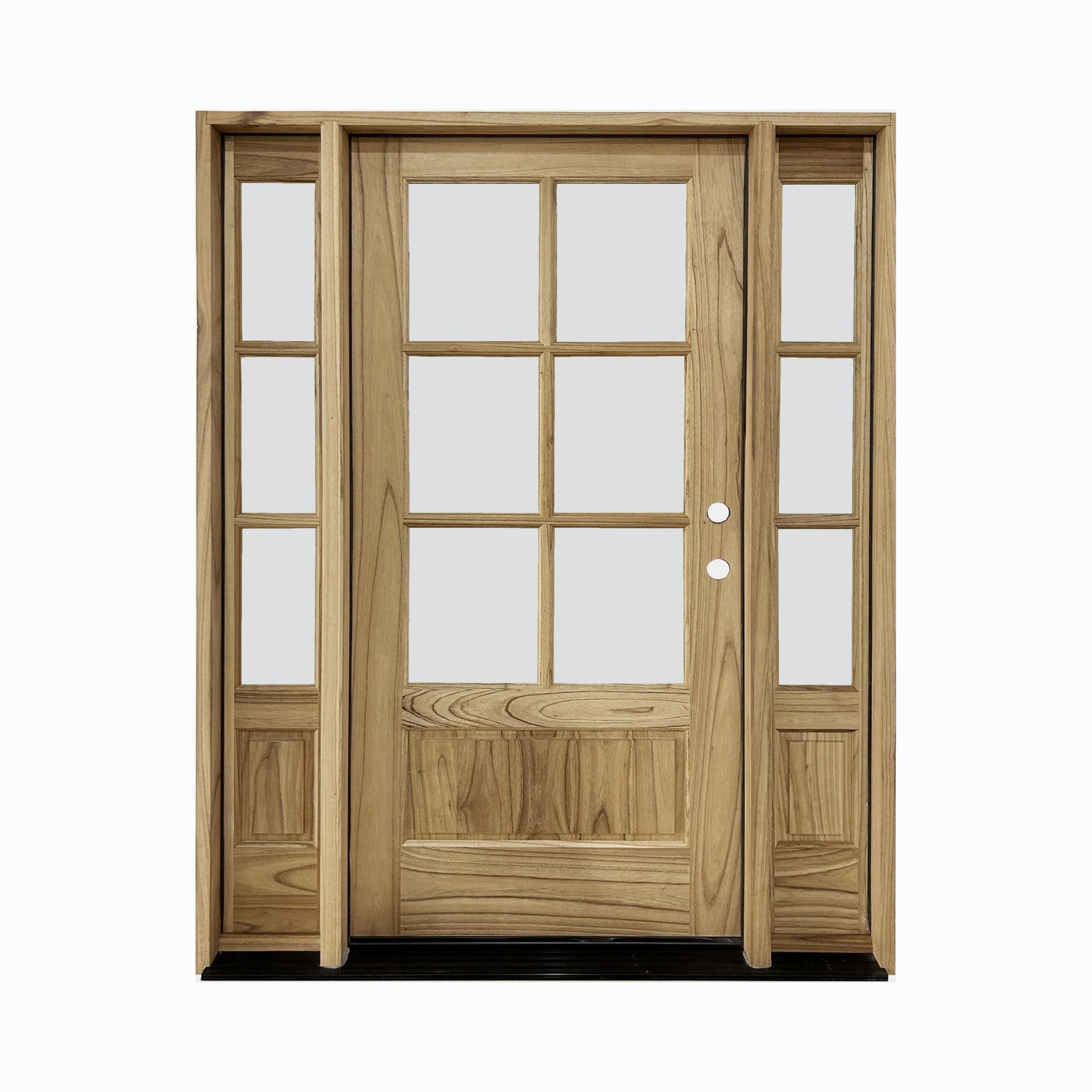 Weathercraft torrefied mahogany 6 lite single entry door with clear glass, two matching 3 lite sidelites, natural wood grain, raised lower panel and left-hand inswing configuration