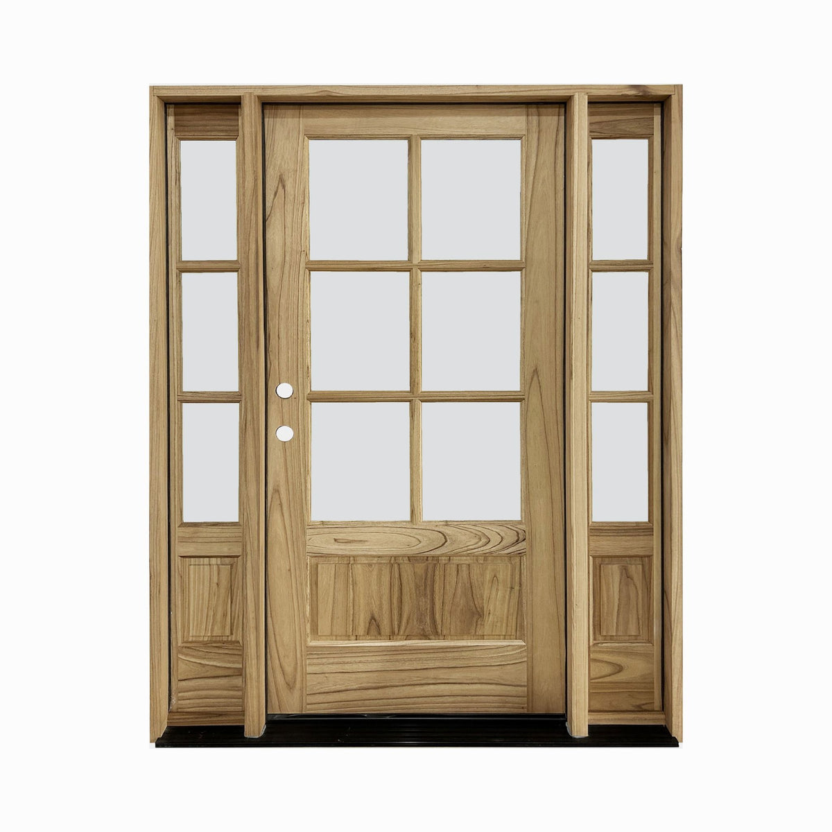 Weathercraft torrefied mahogany 6 lite single entry door with clear glass, two matching 3 lite sidelites, natural wood grain, raised lower panel and right-hand inswing configuration