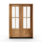 Weathercraft torrefied wood double entry door 60x80 inches, right-hand inswing, natural teak finish with 4-lite clear glass panels and raised bottom panels on both doors