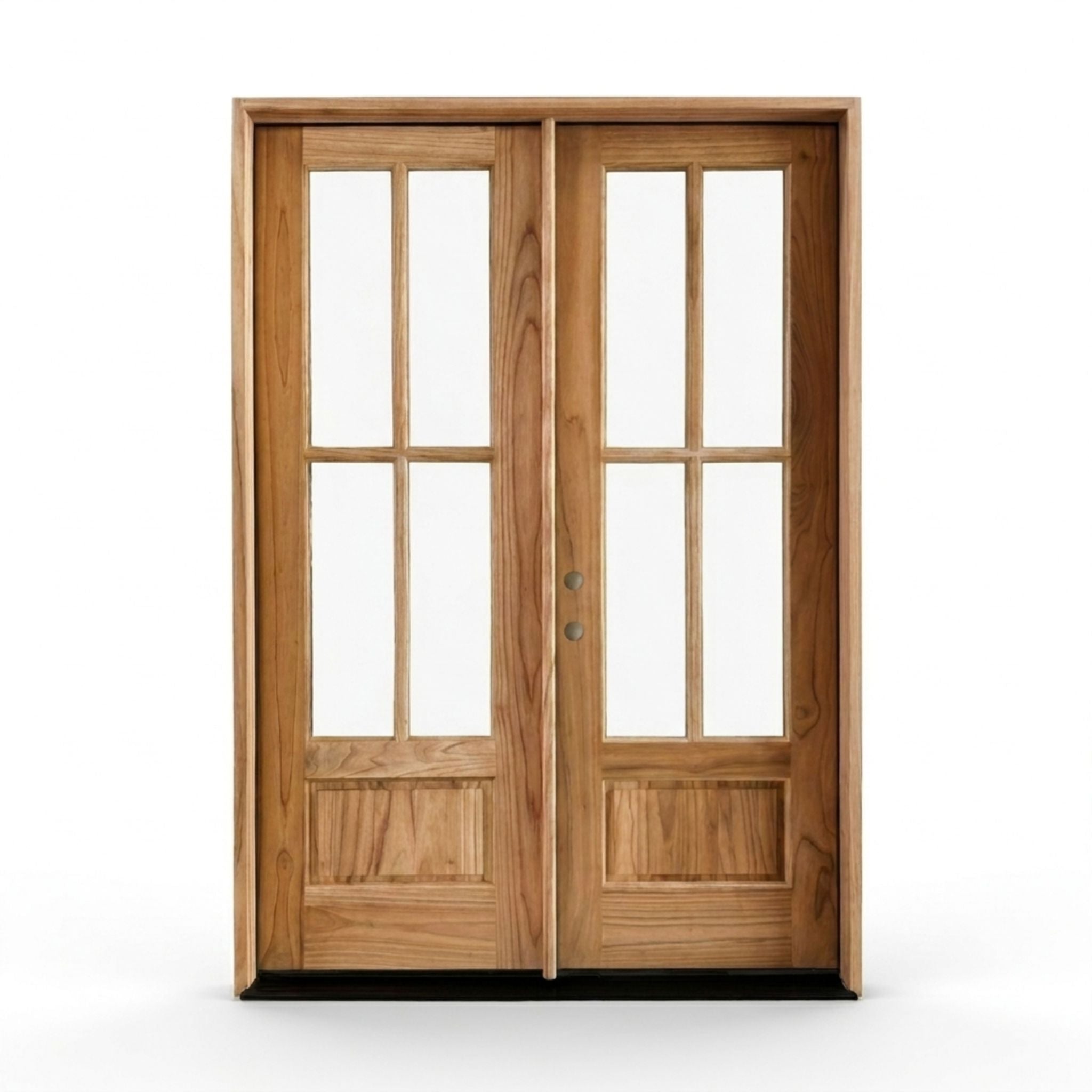 Weathercraft torrefied wood double entry door 60x92 inches, right-hand inswing, natural teak finish with 4-lite clear glass panels and raised bottom panels on both doors