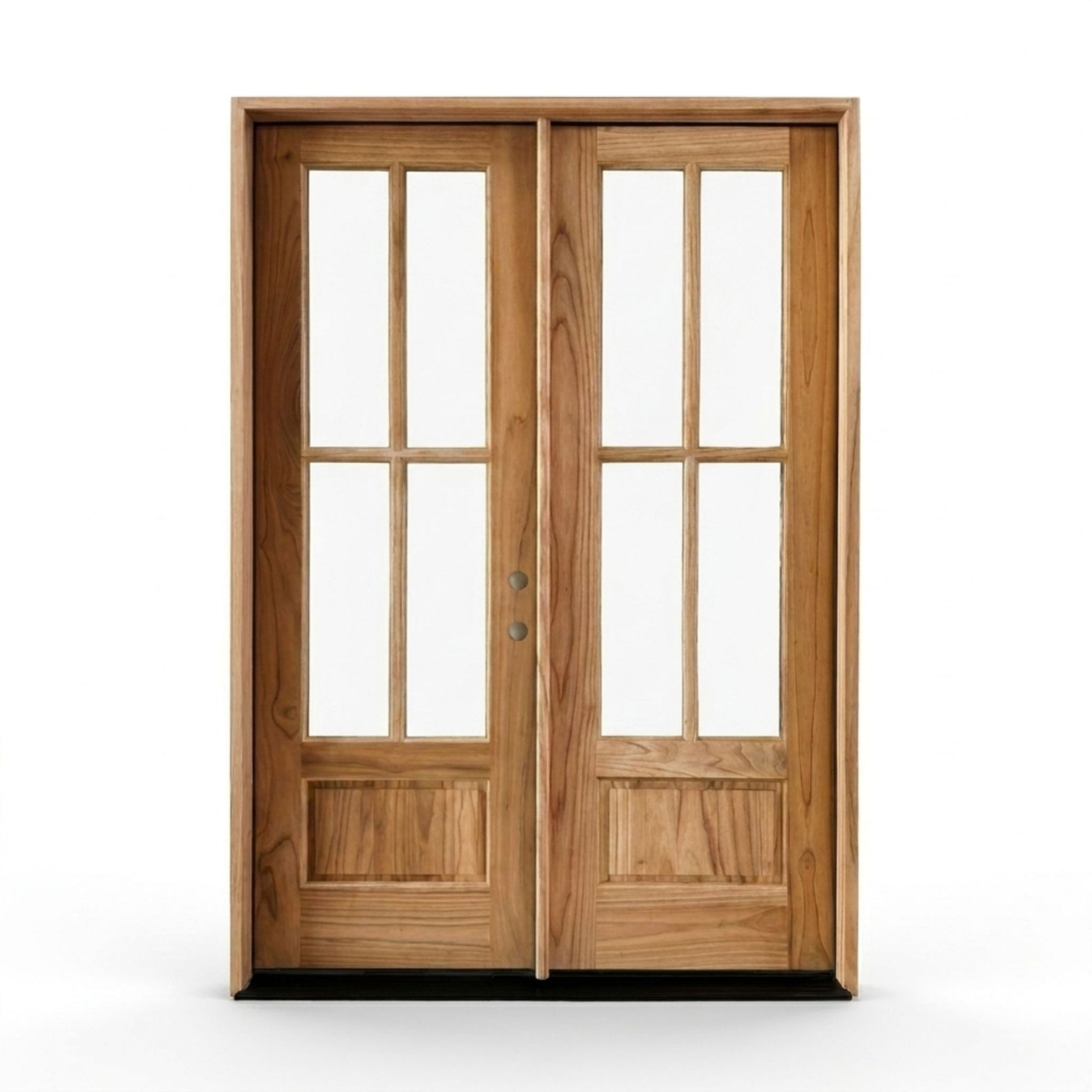 Weathercraft torrefied wood double entry door 72x96 inches, left-hand inswing, natural teak finish with 4-lite clear glass panels and raised bottom panels on both doors