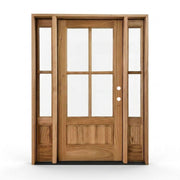 Weathercraft torrefied wood single entry door with sidelites 60x80 inches, left-hand inswing, natural teak finish with 4-lite clear glass panel and raised bottom panel, matching glass sidelites on both sides