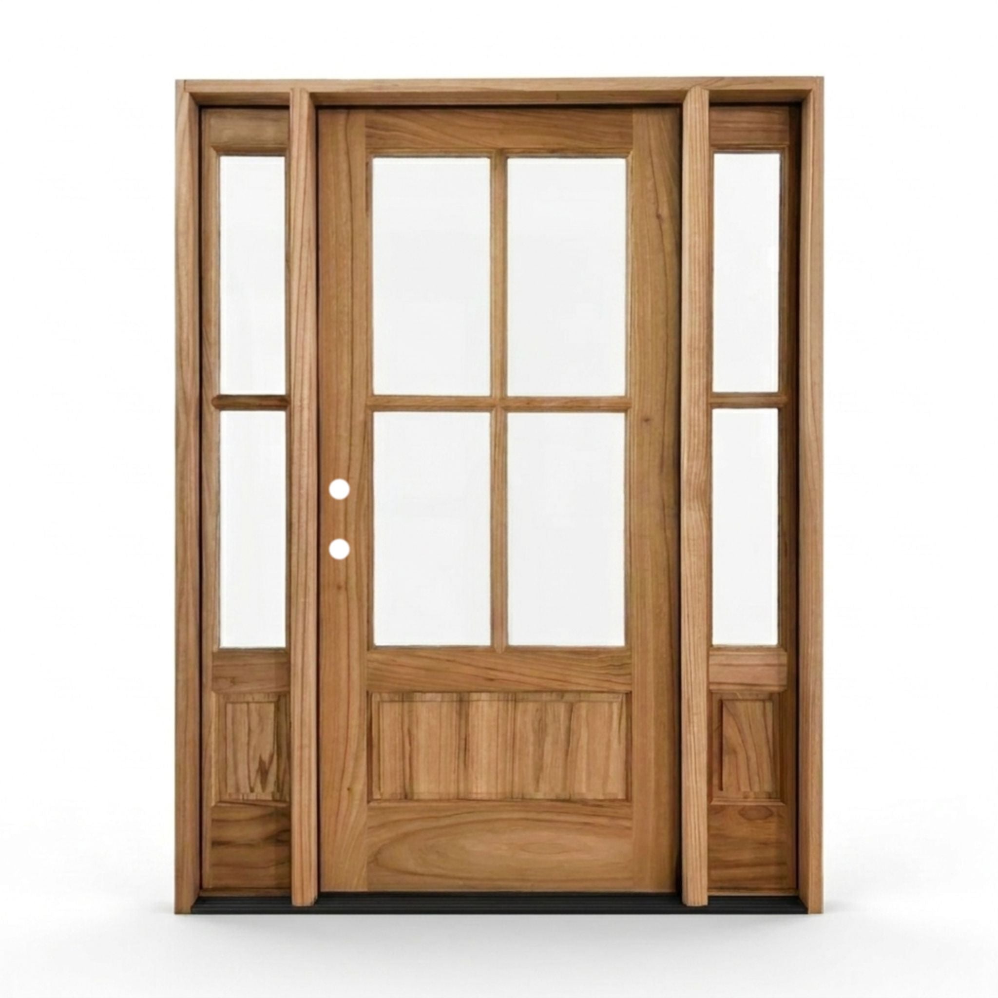 Weathercraft torrefied wood single entry door with sidelites 60x80 inches, right-hand inswing, natural teak finish with 4-lite clear glass panel and raised bottom panel, matching glass sidelites on both sides