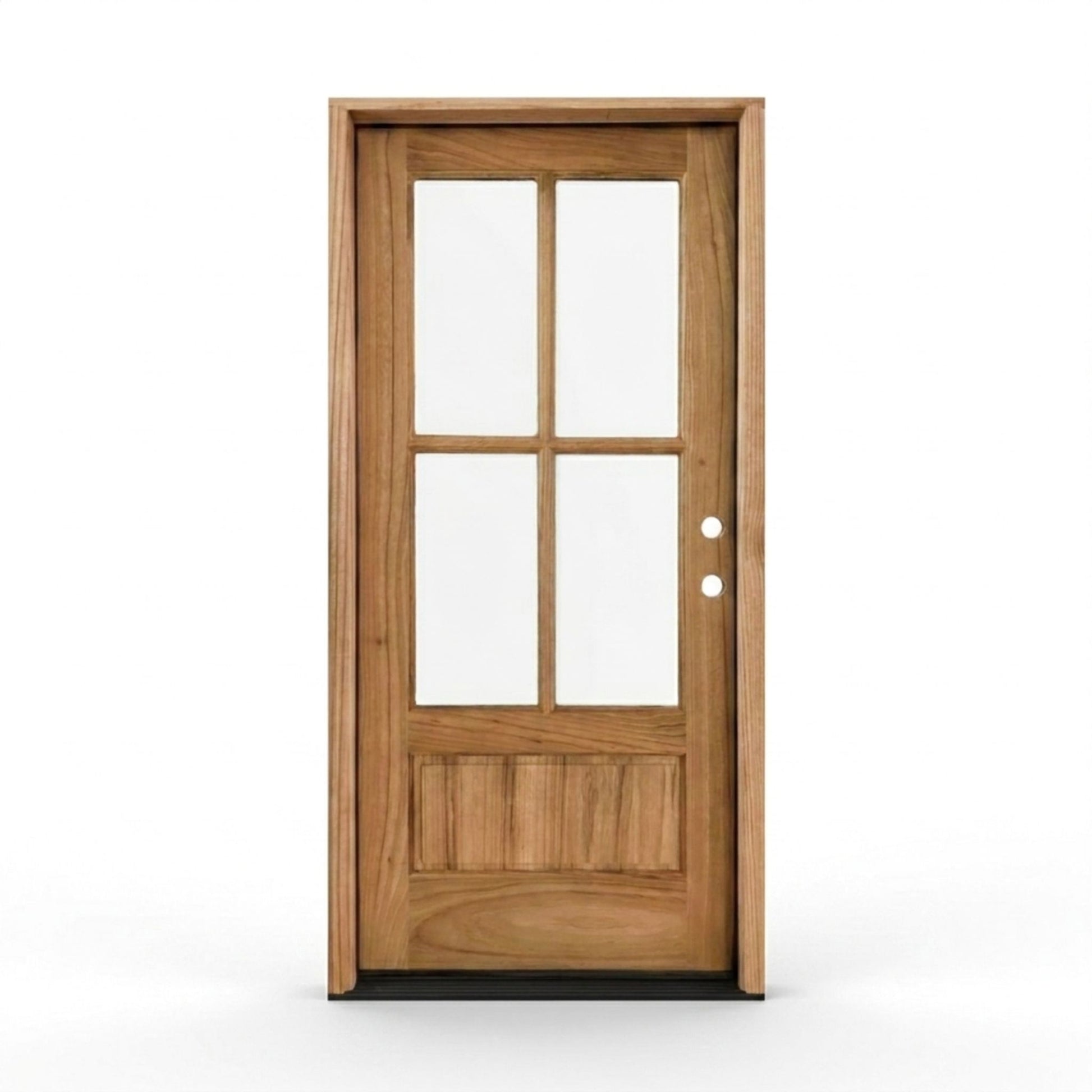 Weathercraft torrefied wood single entry door 36x80 inches, left-hand inswing, natural teak finish with 4-lite clear glass panel and raised bottom panel