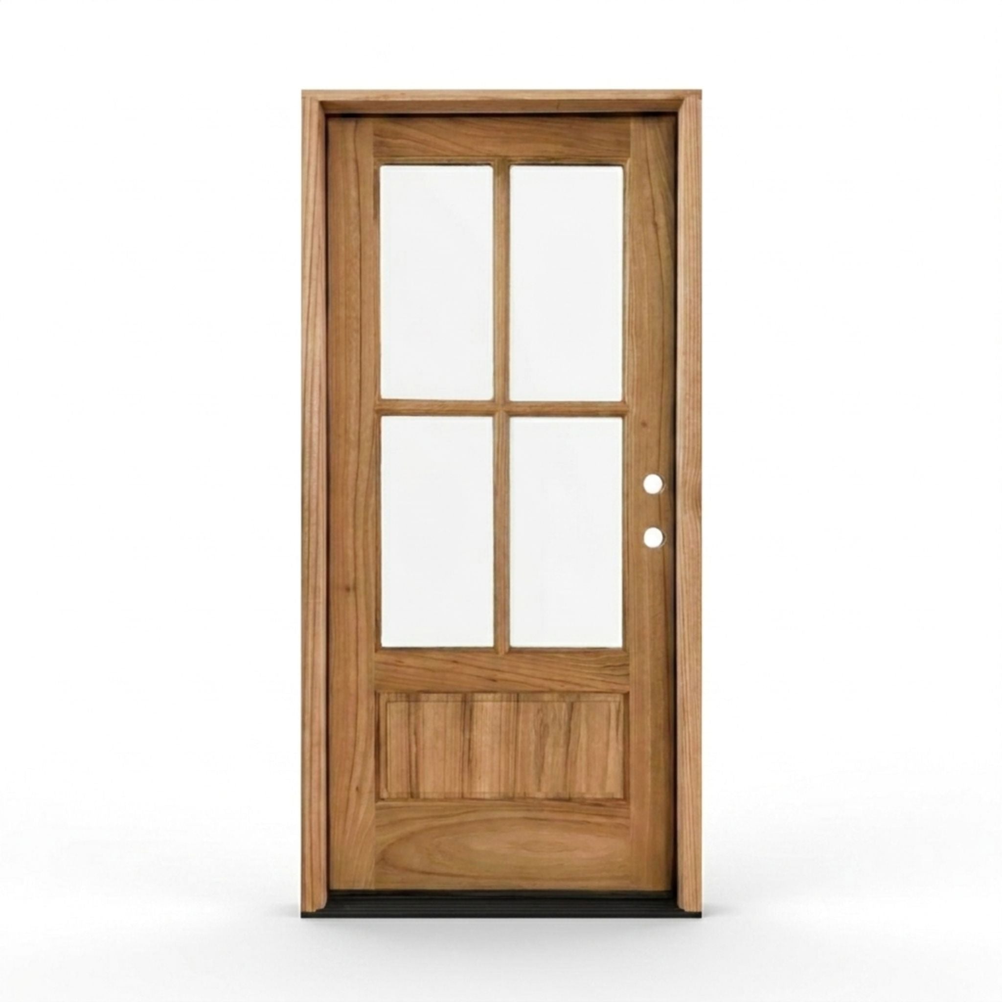 Weathercraft torrefied wood single entry door 36x80 inches, left-hand inswing, natural teak finish with 4-lite clear glass panel and raised bottom panel