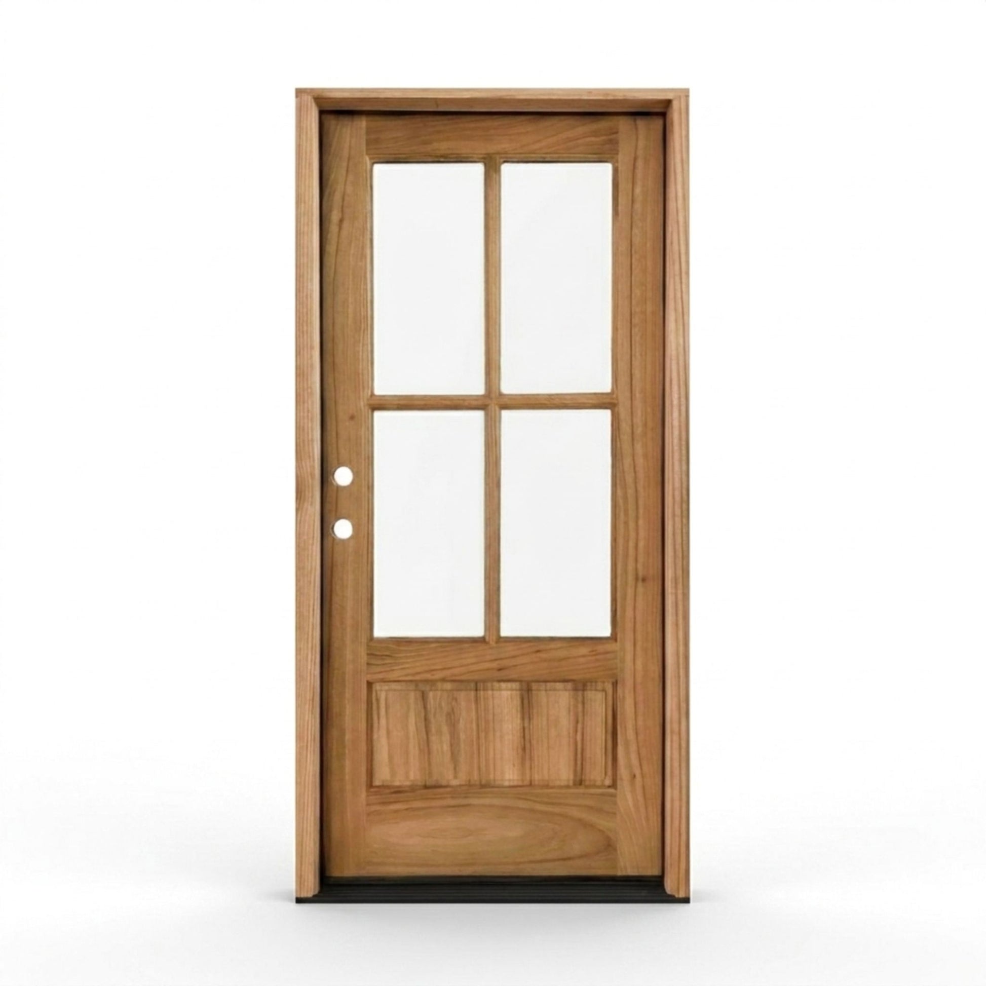 Weathercraft torrefied wood single entry door 36x96 inches, right-hand inswing, natural teak finish with 4-lite clear glass panel and raised bottom panel