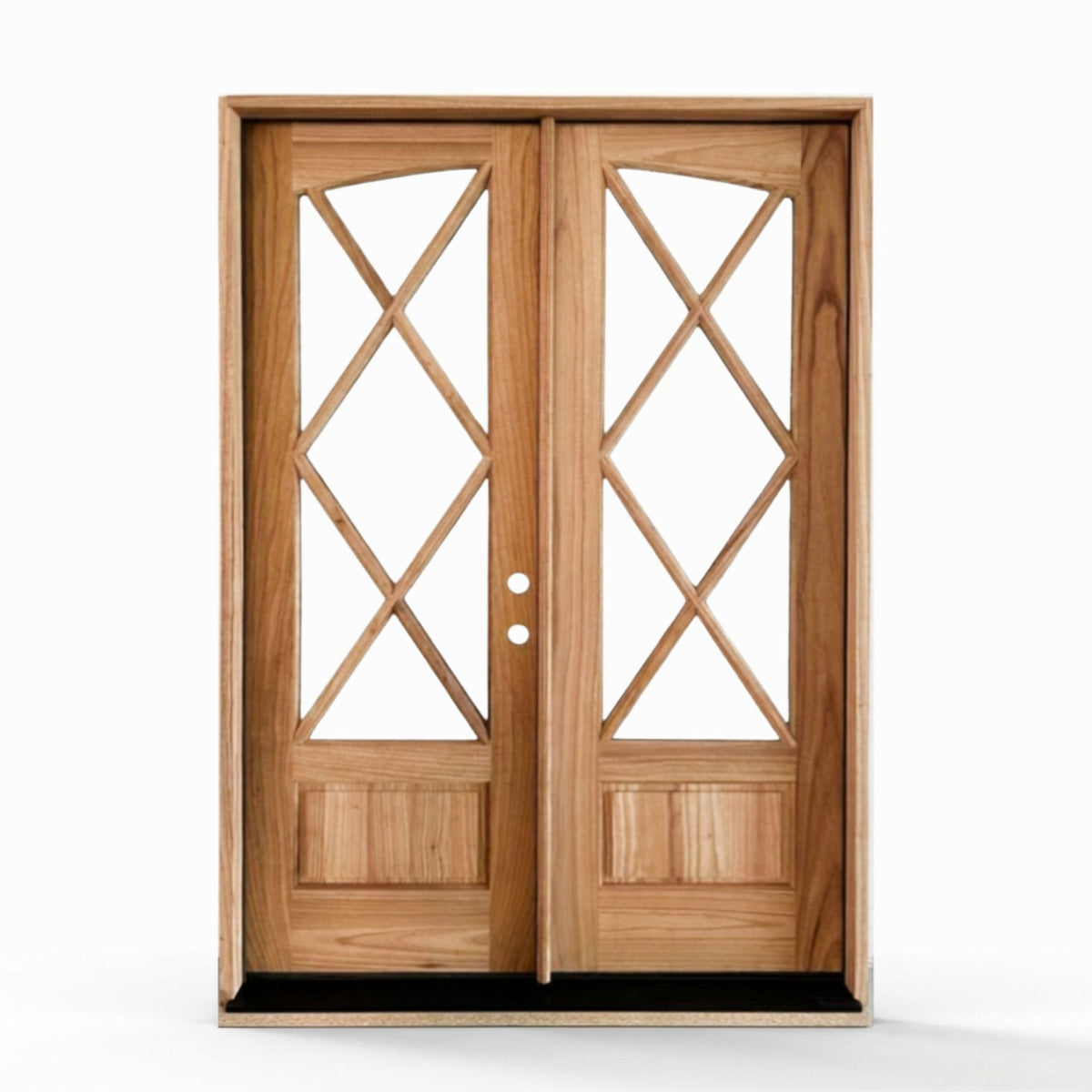 Weathercraft Tybee torrefied mahogany double entry door 60x80 inches, left-hand inswing, natural wood finish with diamond lattice clear glass panels and raised bottom panels on both doors
