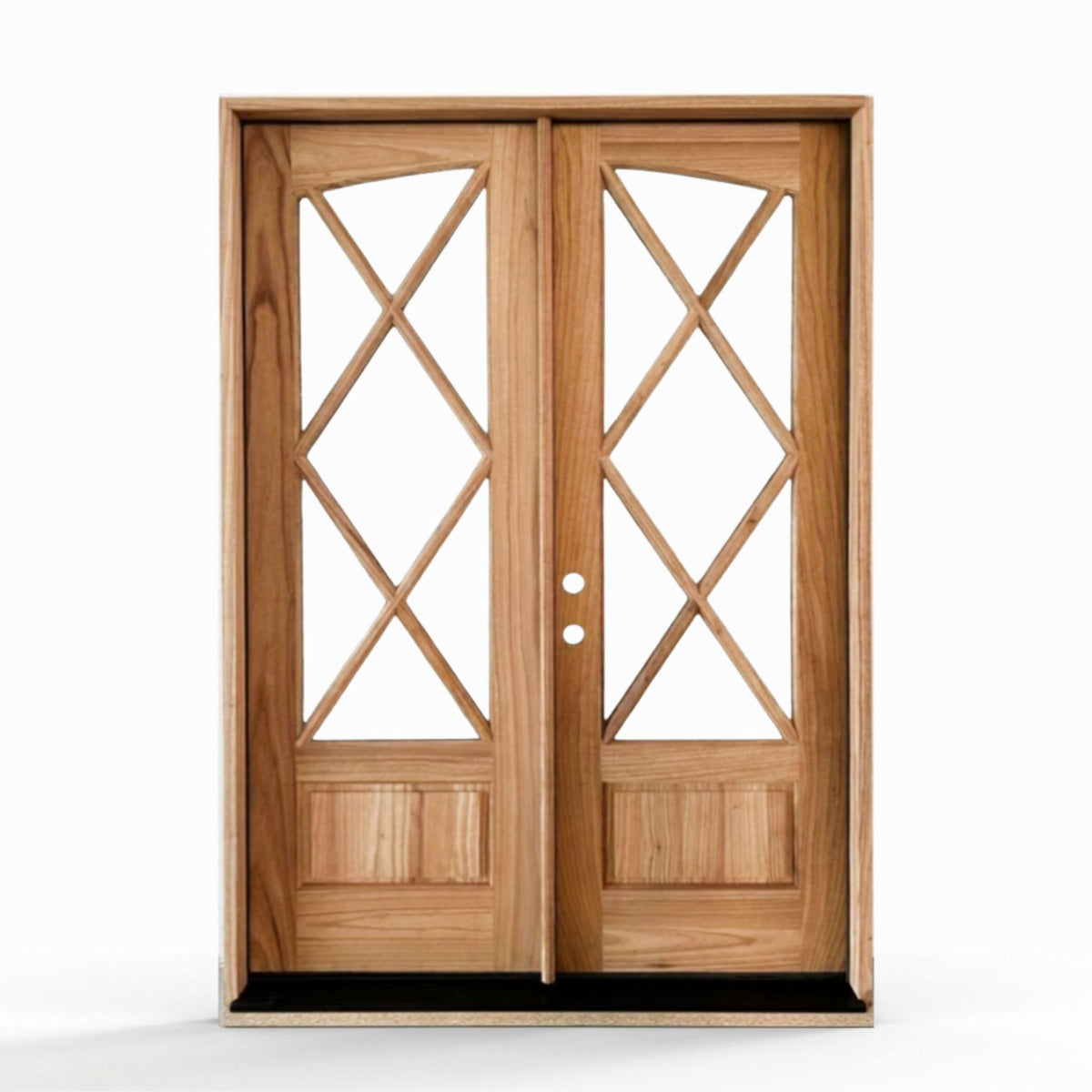 Weathercraft Tybee torrefied mahogany double entry door 60x80 inches, right-hand inswing, natural wood finish with diamond lattice clear glass panels and raised bottom panels on both doors
