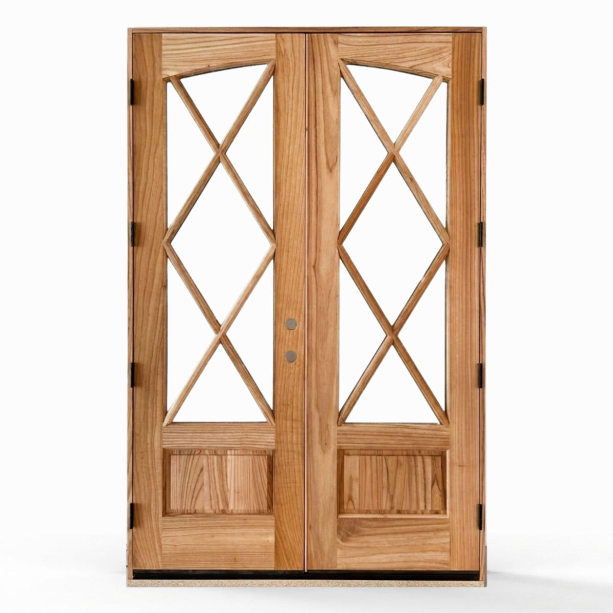Weathercraft Tybee torrefied mahogany double entry door 60x92 inches, left-hand inswing, natural wood finish with diamond lattice clear glass panels and raised bottom panels on both doors, interior view