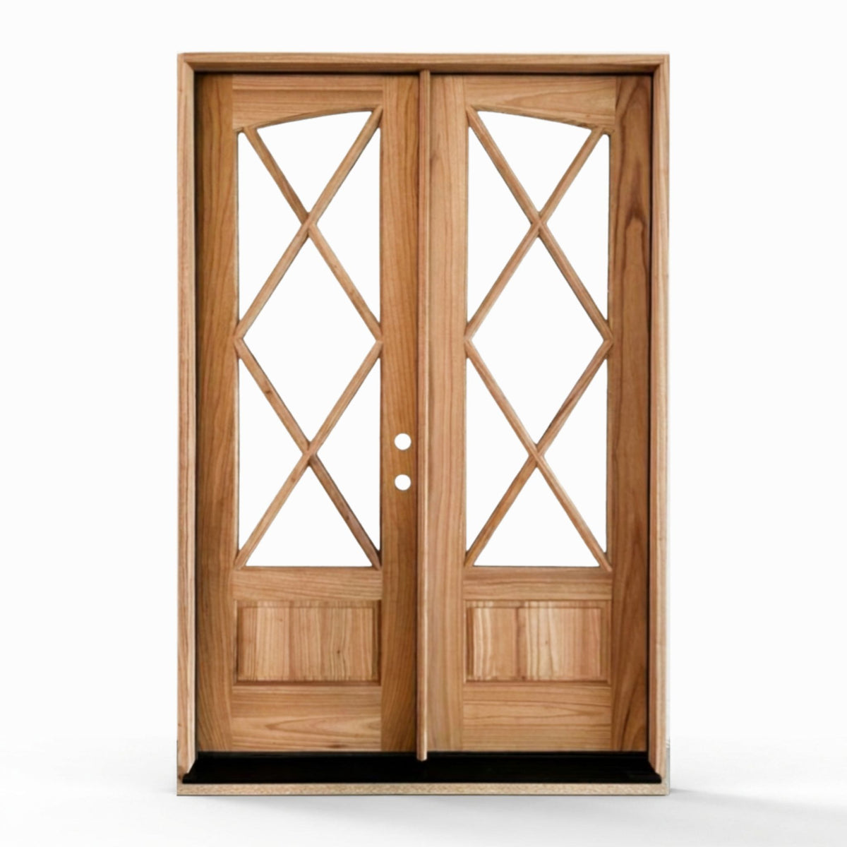 Weathercraft Tybee torrefied mahogany double entry door 60x92 inches, left-hand inswing, natural wood finish with diamond lattice clear glass panels and raised bottom panels on both doors