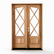 Weathercraft Tybee torrefied mahogany double entry door 60x92 inches, right-hand inswing, natural wood finish with diamond lattice clear glass panels and raised bottom panels on both doors