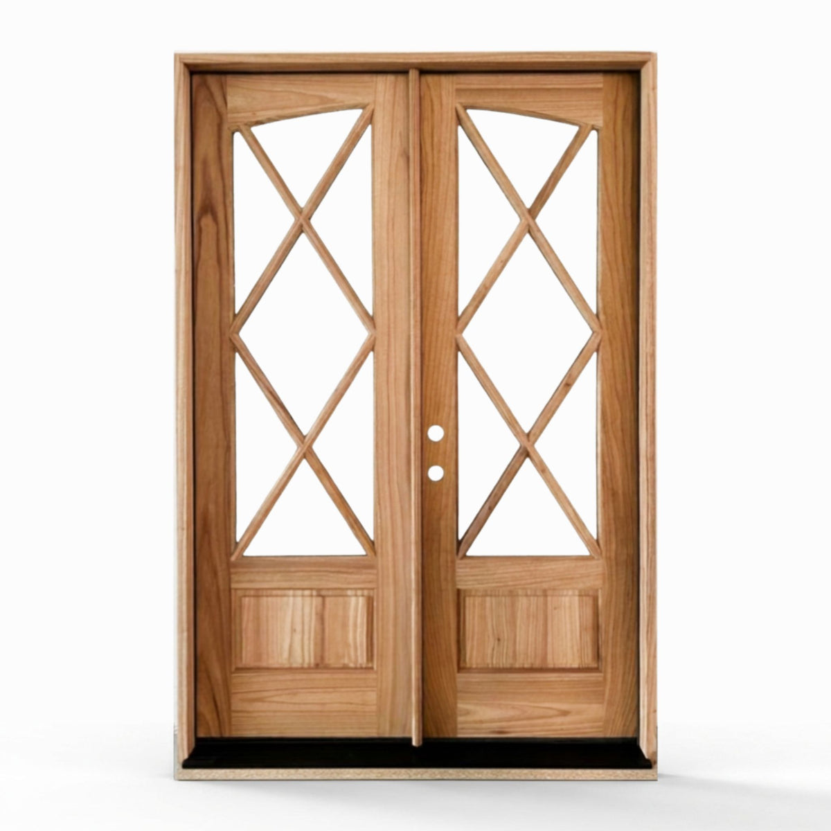 Weathercraft Tybee torrefied mahogany double entry door 60x92 inches, right-hand inswing, natural wood finish with diamond lattice clear glass panels and raised bottom panels on both doors
