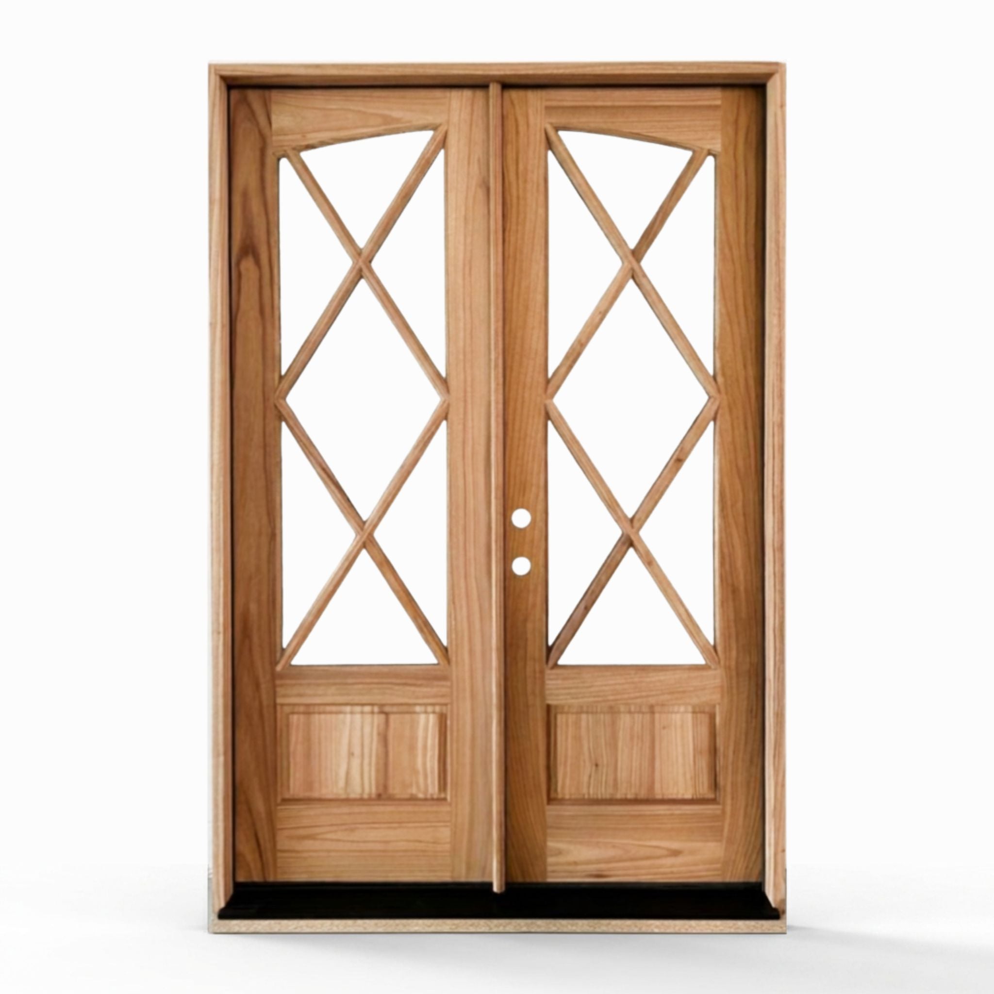 Weathercraft Tybee torrefied mahogany double entry door 60x92 inches, right-hand inswing, natural wood finish with diamond lattice clear glass panels and raised bottom panels on both doors