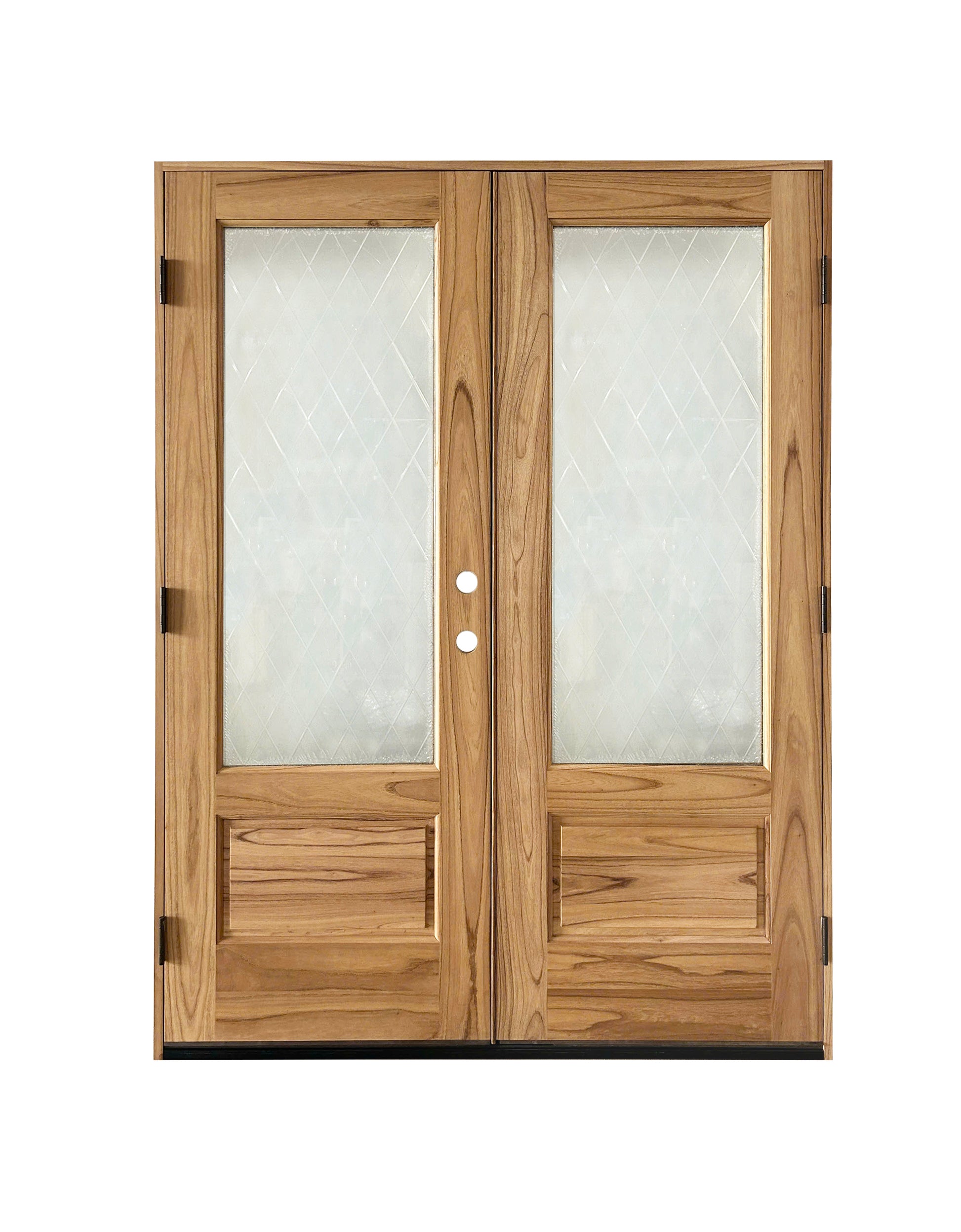 Mahogany double entry door 3/4 angle view with complete weather sealing system rear view showing oil rubbed bronze hinges