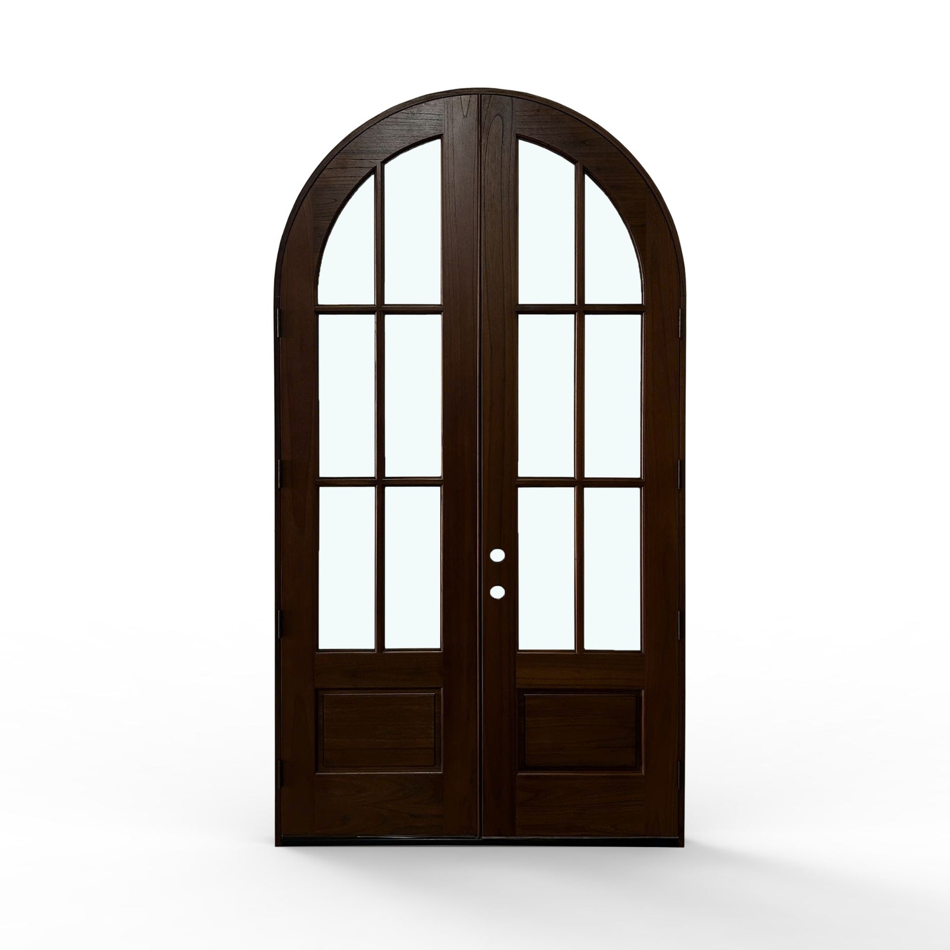 pre-finished weatherproof mahogany wood 6-lite double door, 60x112 inches, espresso finish, back view, arched frame, clear glass