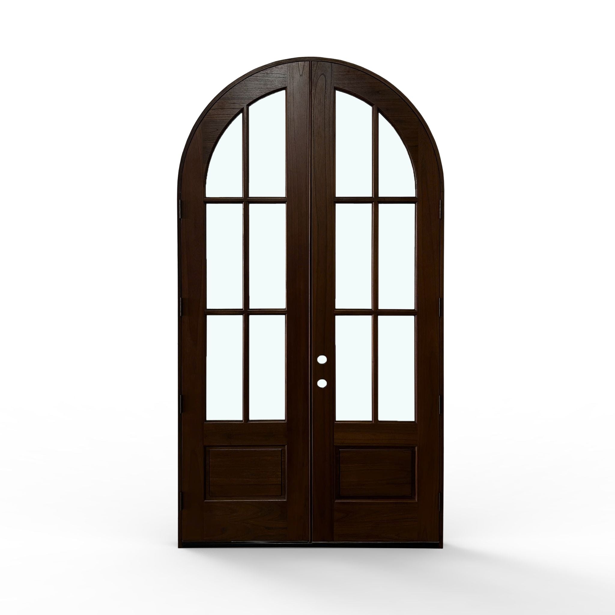 pre-finished weatherproof mahogany wood 6-lite double door, 60x112 inches, espresso finish, back view, arched frame, clear glass