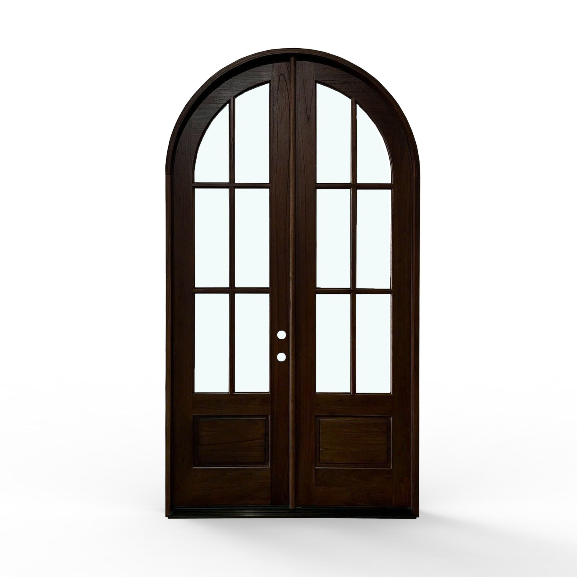 Weatherproof wood 6-lite arch top double door, 60x112, espresso finish, clear glass panes, front view,  raised wood panels at the bottom of each door