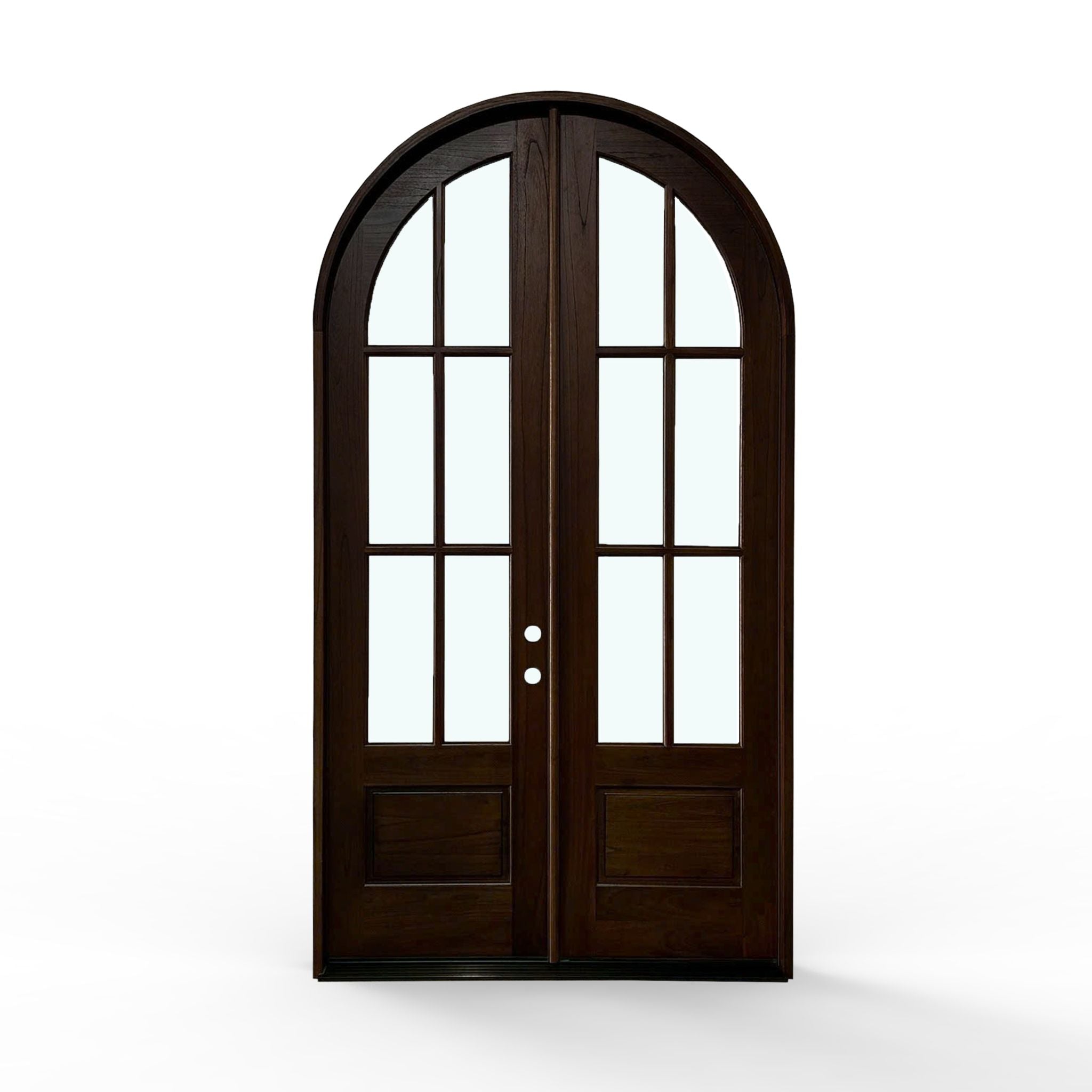 Weatherproof wood 6-lite arch top double door, 60x112, espresso finish, clear glass panes, front view,  raised wood panels at the bottom of each door