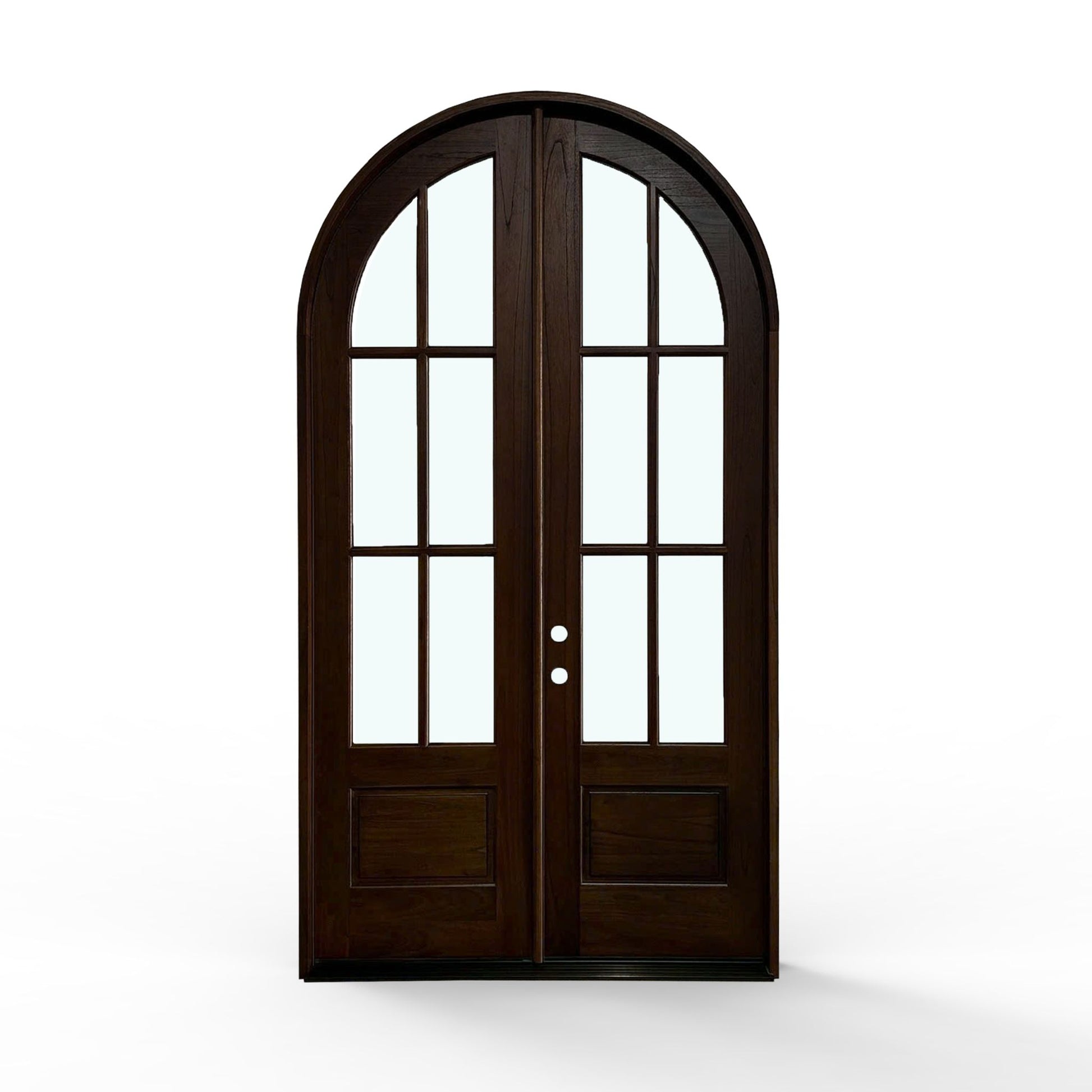 Weatherproof wood 6-lite arch top double door, 60x112, espresso finish, clear glass panes, front view,  raised wood panels, Right hand inswing